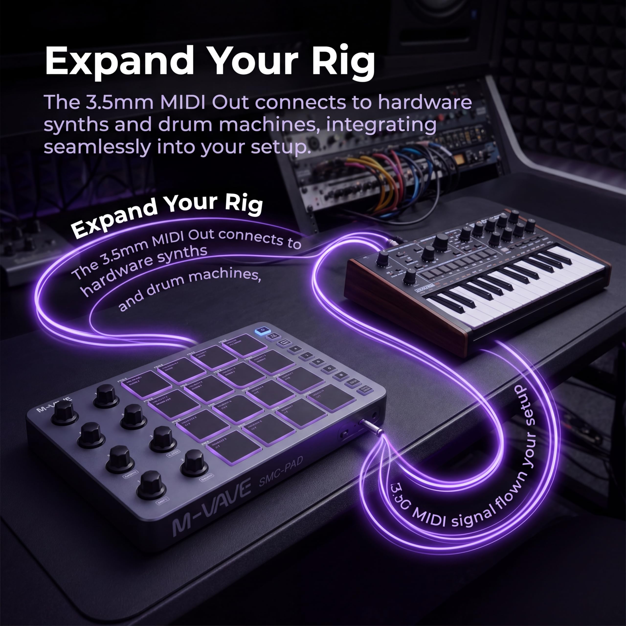 M-VAVE SMC-PAD Controlador MIDI, almohadillas MIDI portátiles inalámbricas Bluetooth con almohadillas sensibles a la velocidad, Beat Maker, cable de audio blanco de 6.35 mm (gris)