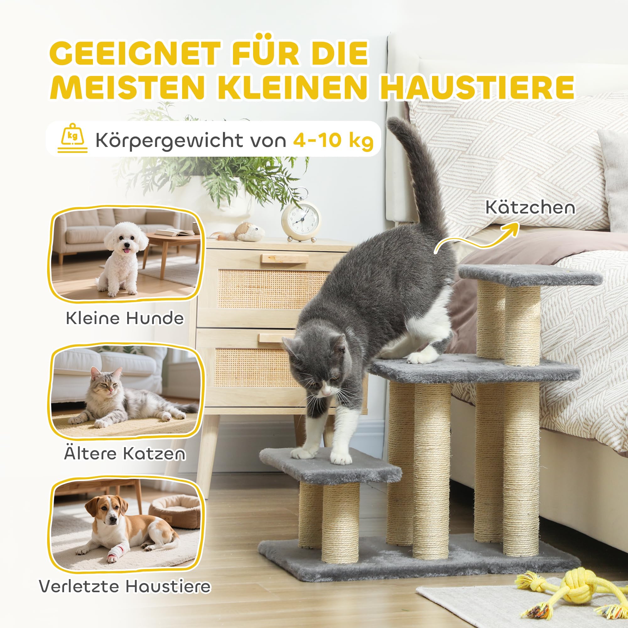 PawHut Hundetreppe 3 Stufen 54 cm Hoch Haustiertreppe für Kleine Hunde Katzentreppe Hunderampe mit Sisal Kratzbäumen, Spielball, Einstiegshilfe für Bett, Sofa, Couch und Auto Grau
