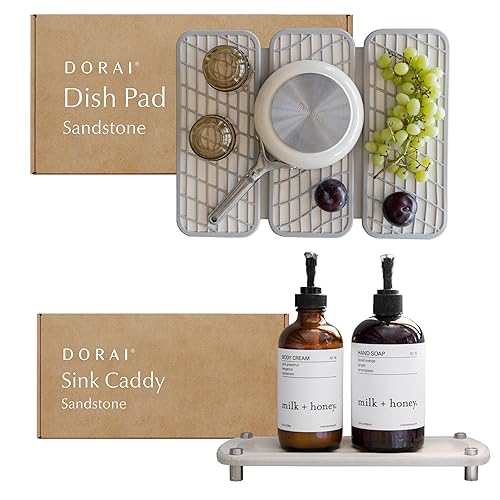Dorai Home Dish Pad & Sink Caddy Bundle – Quick-Drying Diatomite Stone Mats for Kitchen, Stylish Gift Set, Sandstone