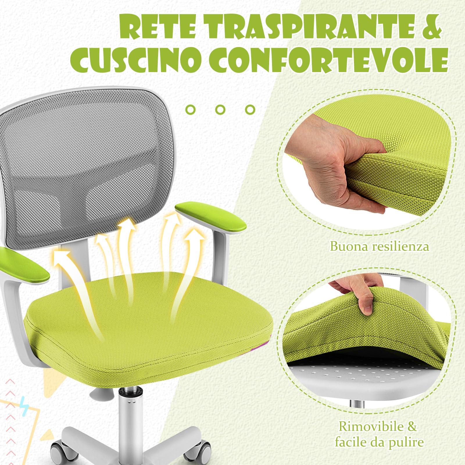 RELAX4LIFE Silla Escritorio Infantil con Altura Ajustable 40-54cm y 5 Ruedas Universales, Silla Escritorio Giratoria con Respaldo y Reposabrazos Ergonómicos para Niños 3-10 Años, Carga 150kg (Verde)