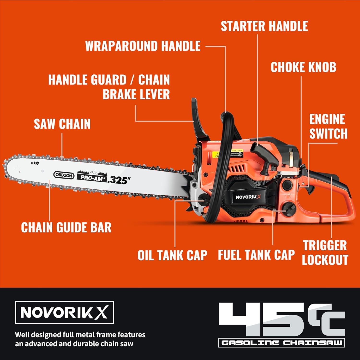Diagram of NovorikX 45CC 2.3HP Gas Chainsaw components