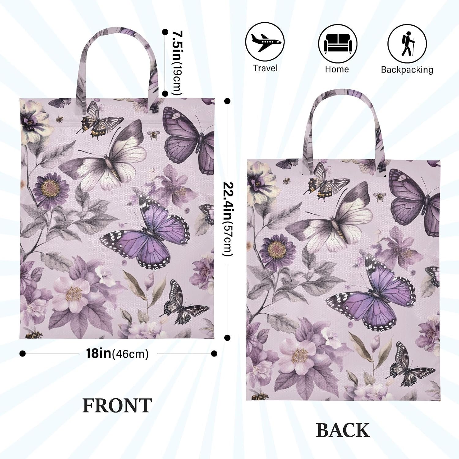 Travel Laundry Bags 2 PC Wet Dry Bag with Handle Dirty Clothes Organizer for Swimsuits Beach Camping Waterproof Washable Pastel Purple Butterflies and Vintage Flowers image 2