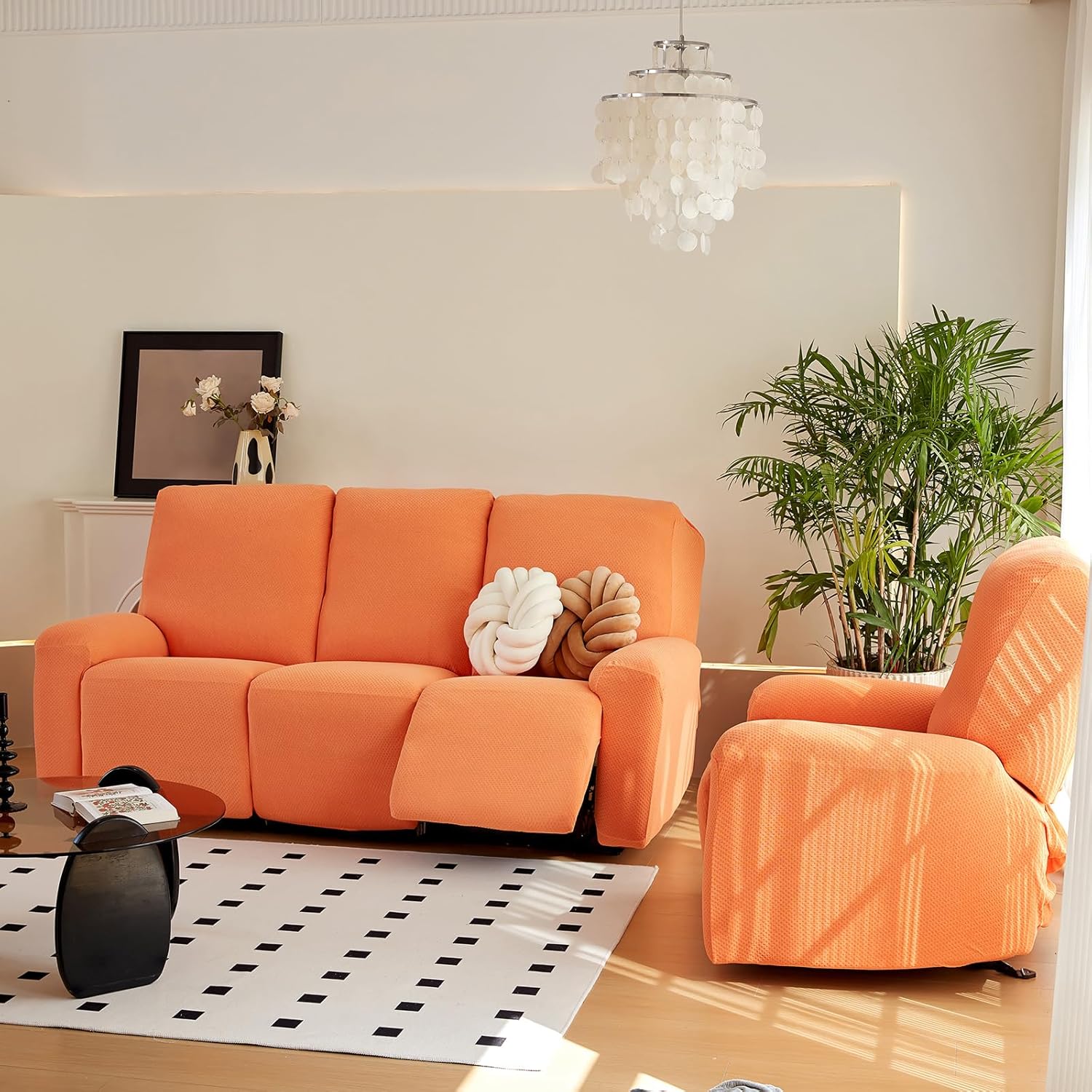 vctops Water Repellent Plaid Jacquard Recliner Chair Slipcovers 4 Pieces Soft Plush Sofa Couch Cover Anti-Slip Elastic Strap Furniture Protector for Kids Cats Dogs(Orange,1 Seat)