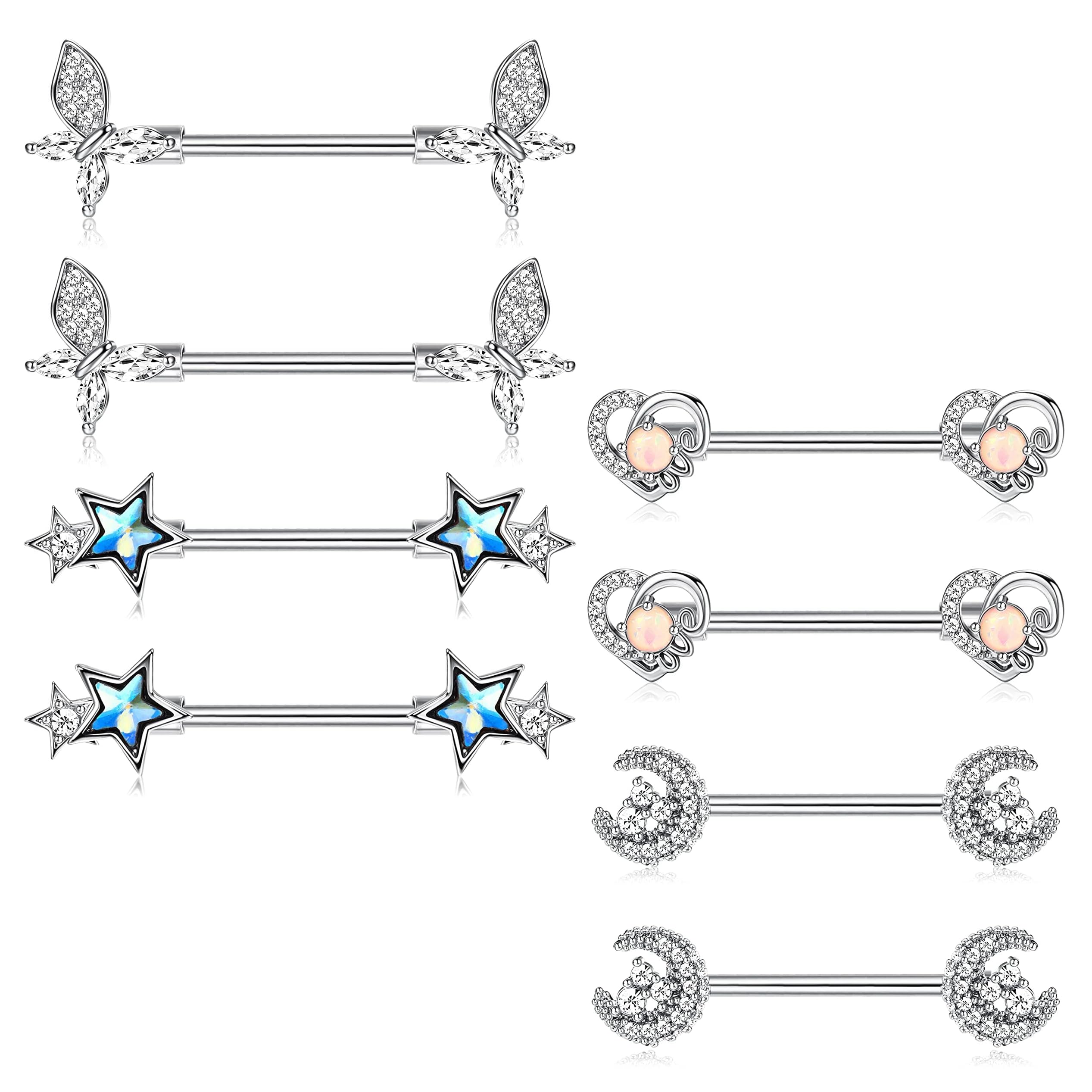 YADOCA 8Pcs 14G Anillos de Pezón de Acero Quirúrgico para Mujeres de Plata CZ Lindo con el Corazón de Mariposa Luna Estrella Piercing Lengua Pezón Piercing Joyería