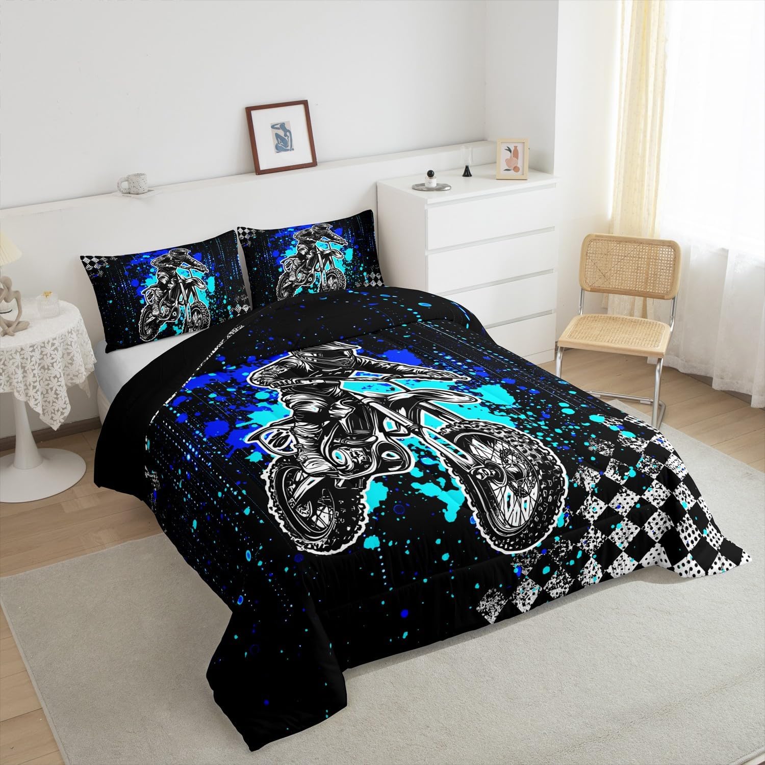 Feelyou Kids Dirt Bike Comforter Set,Boys Extreme Sports Bedding Set Twin Size,Racing Motocross Rider Comforter,Motorcycle Teens Bed Set,Boys Bedroom Room Decor