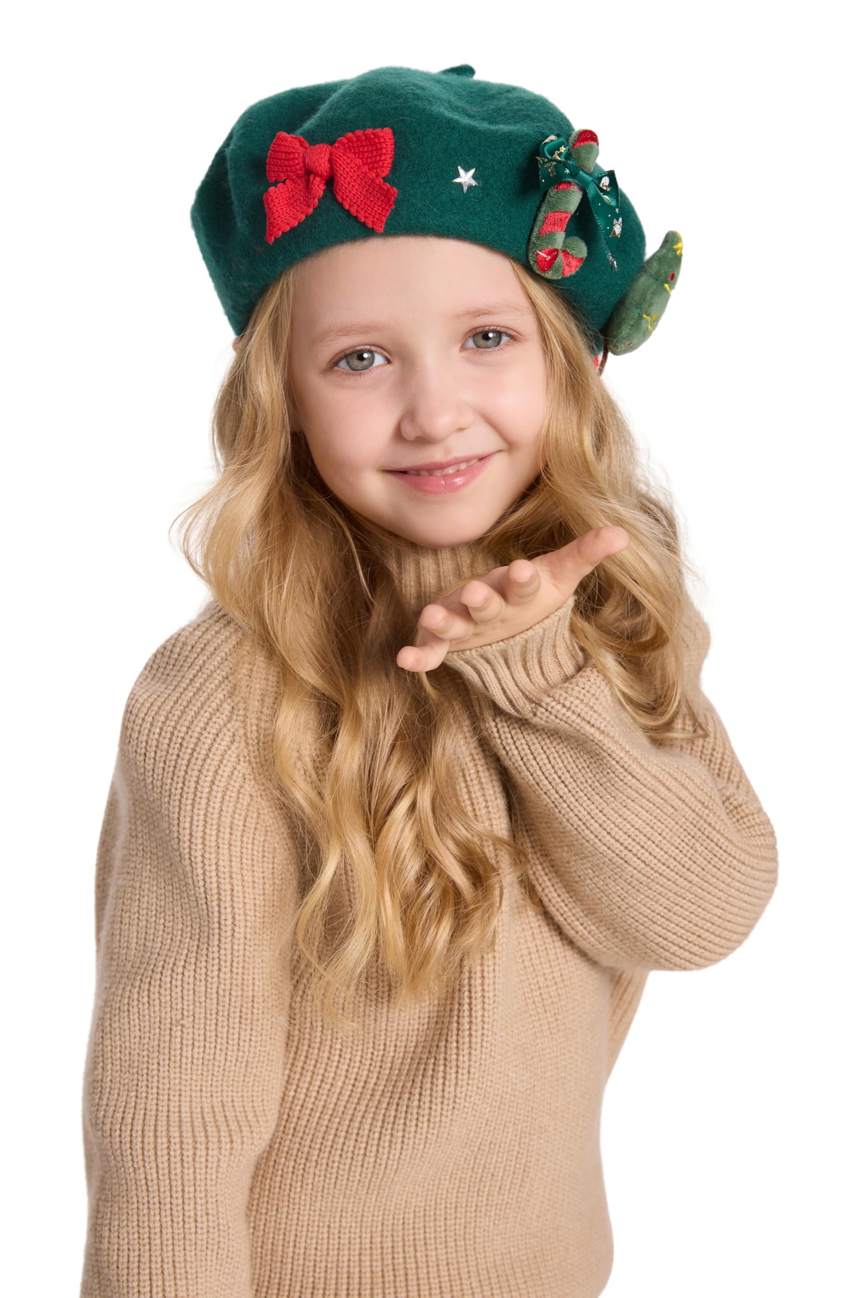 ZLYC Wool Kids Beret Hat Girls Solid Color Artist French Beret Cap(Christmas Tree Green),One Size - Image 4
