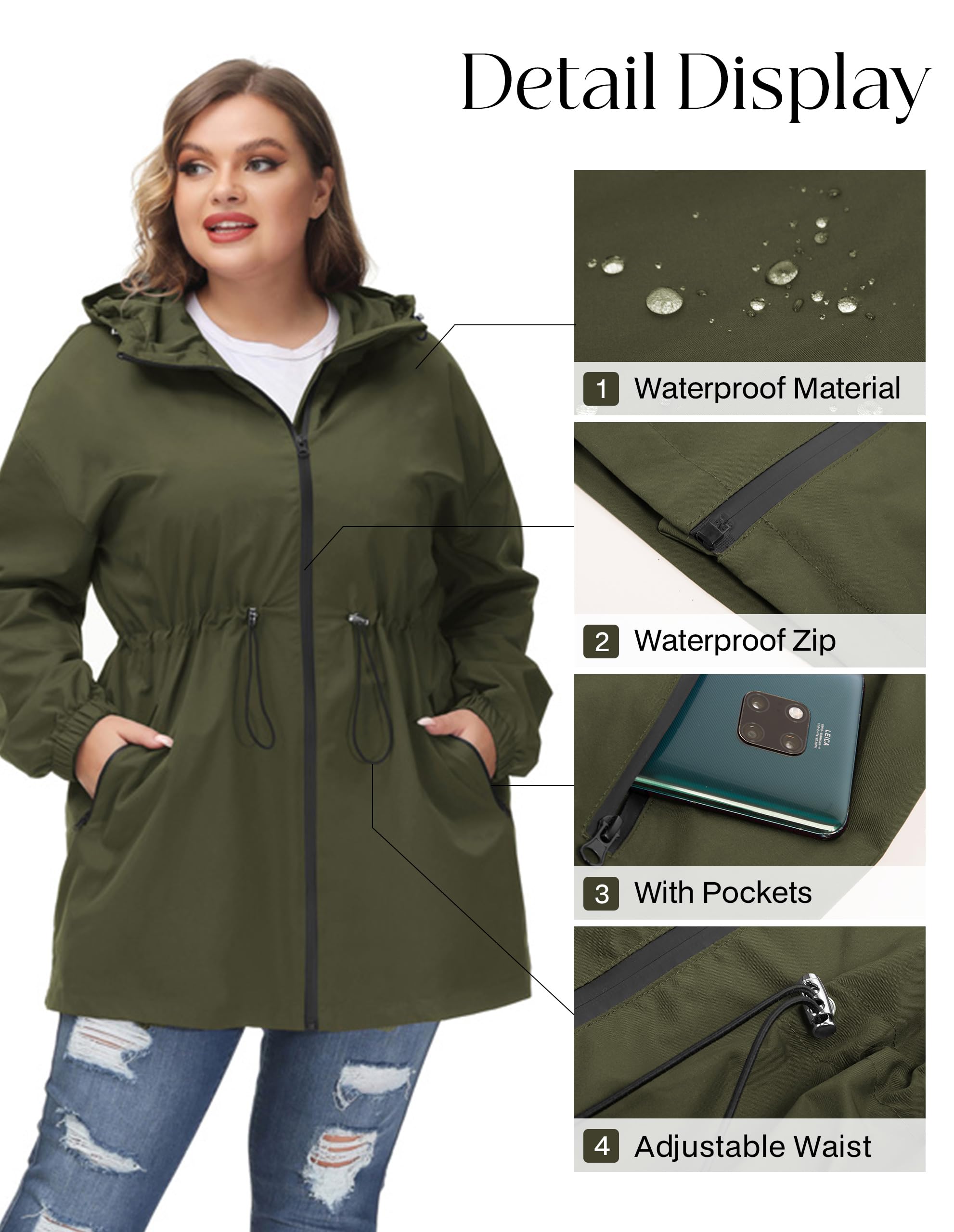 Hanna Nikole Manteau Imperméable Long À Capuche Pour Femme - Coupe-Vent Léger Et Imperméable Avec Fermeture Éclair Veste De Sport Avec Poches