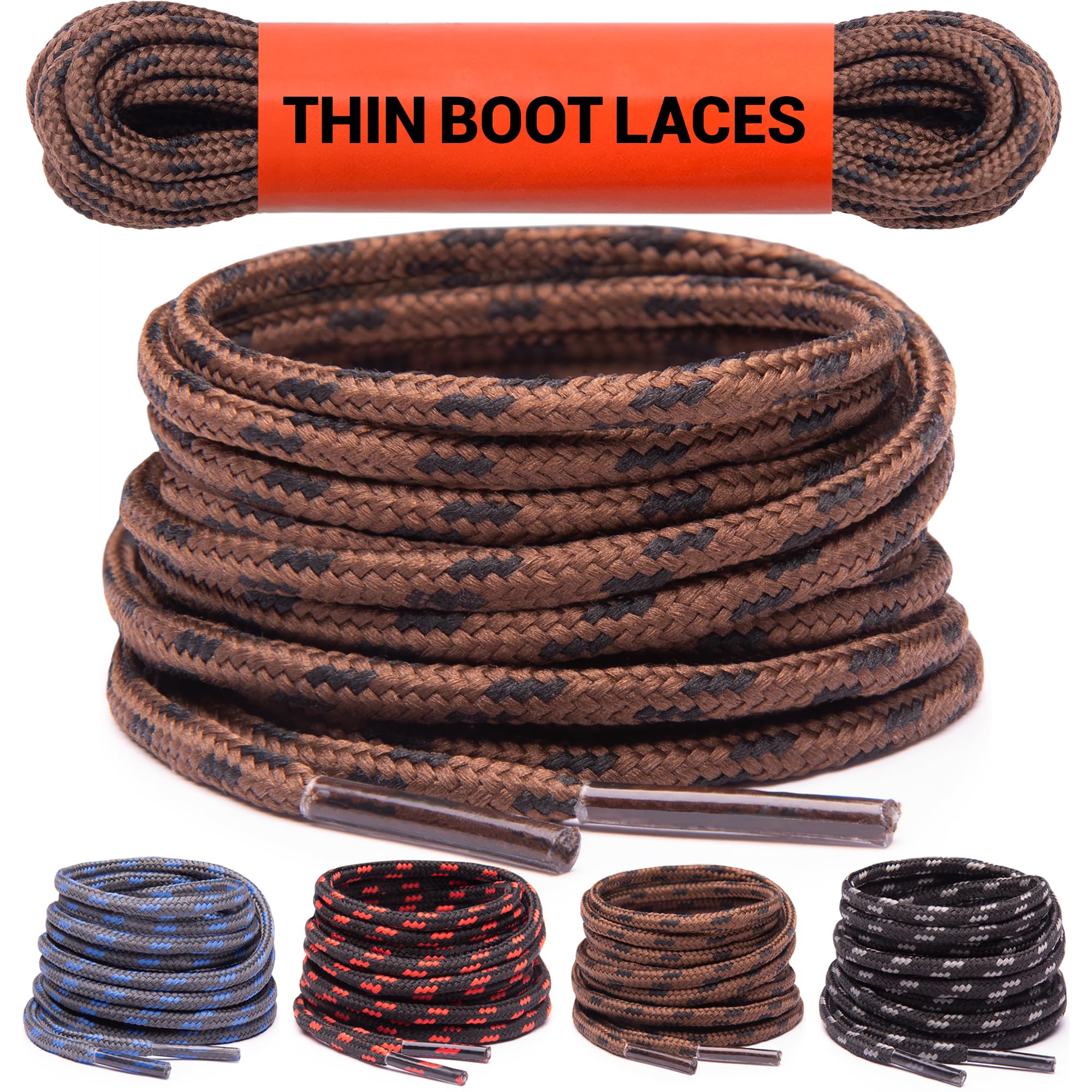 Miscly Thin Round Boot Laces for Work Boots & Hiking Shoes [1 Pair] Heavy Duty Shoelaces, 1/8″ Diameter