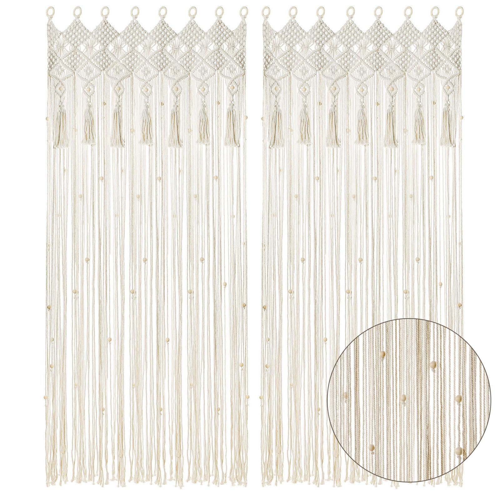 BECHAEO Boho Macrame Beaded Curtain 2 Panels Handmade Door String Curtain for Doorway Window Cotton Tassels Beads Hanging Hippie Room Divider Hallway