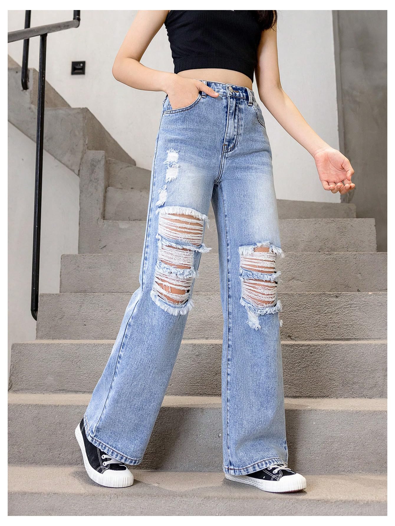 Floerns Pantalones de mezclilla elásticos de cintura alta para niña, rasgados, holgados, pierna ancha, desgastados