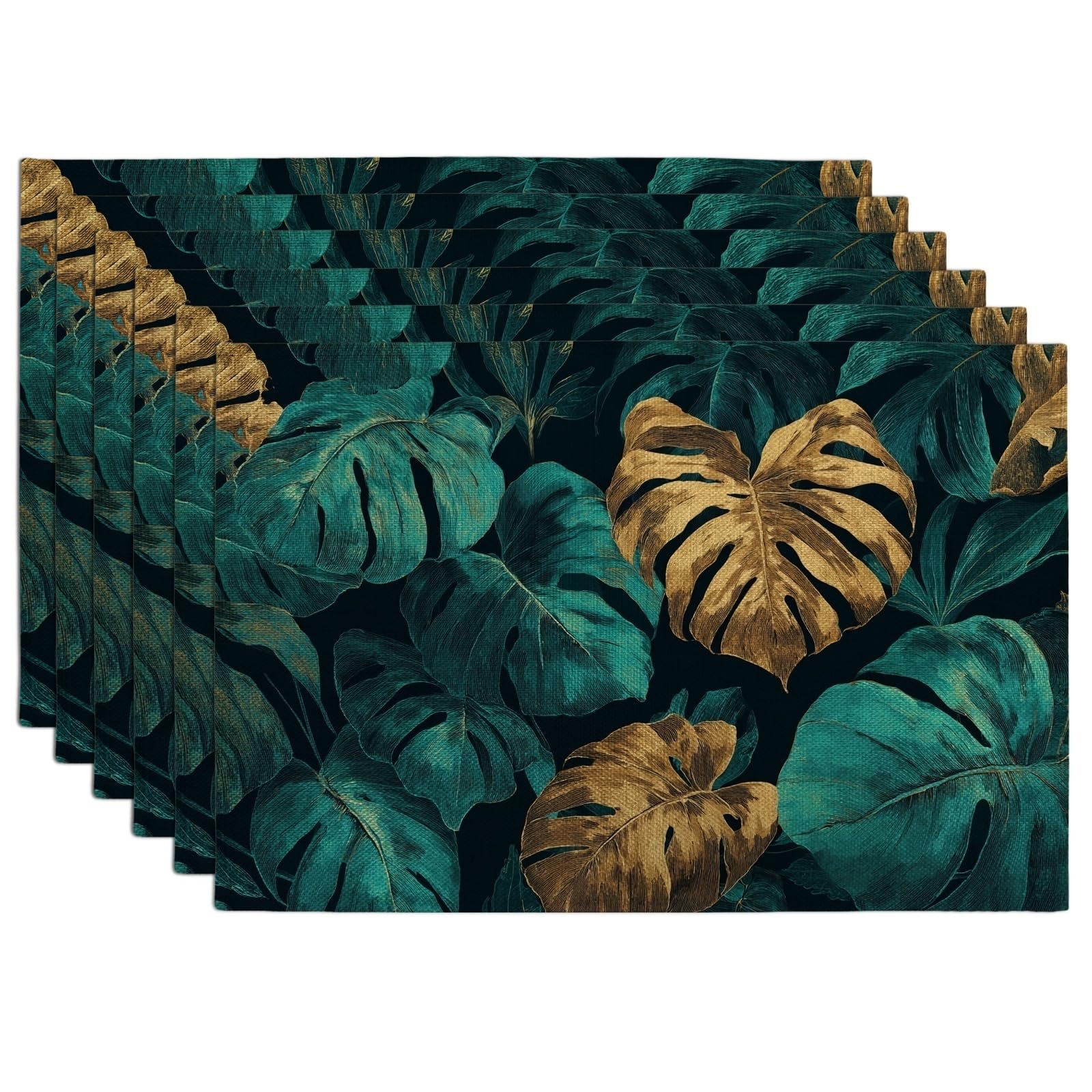 Tropical Monstera Leaves Placemats, Teal and Gold Botanical Place mats for Dining Table, Non-Slip Washable Indoor Outdoor Party Decorative Placemat Set of 6