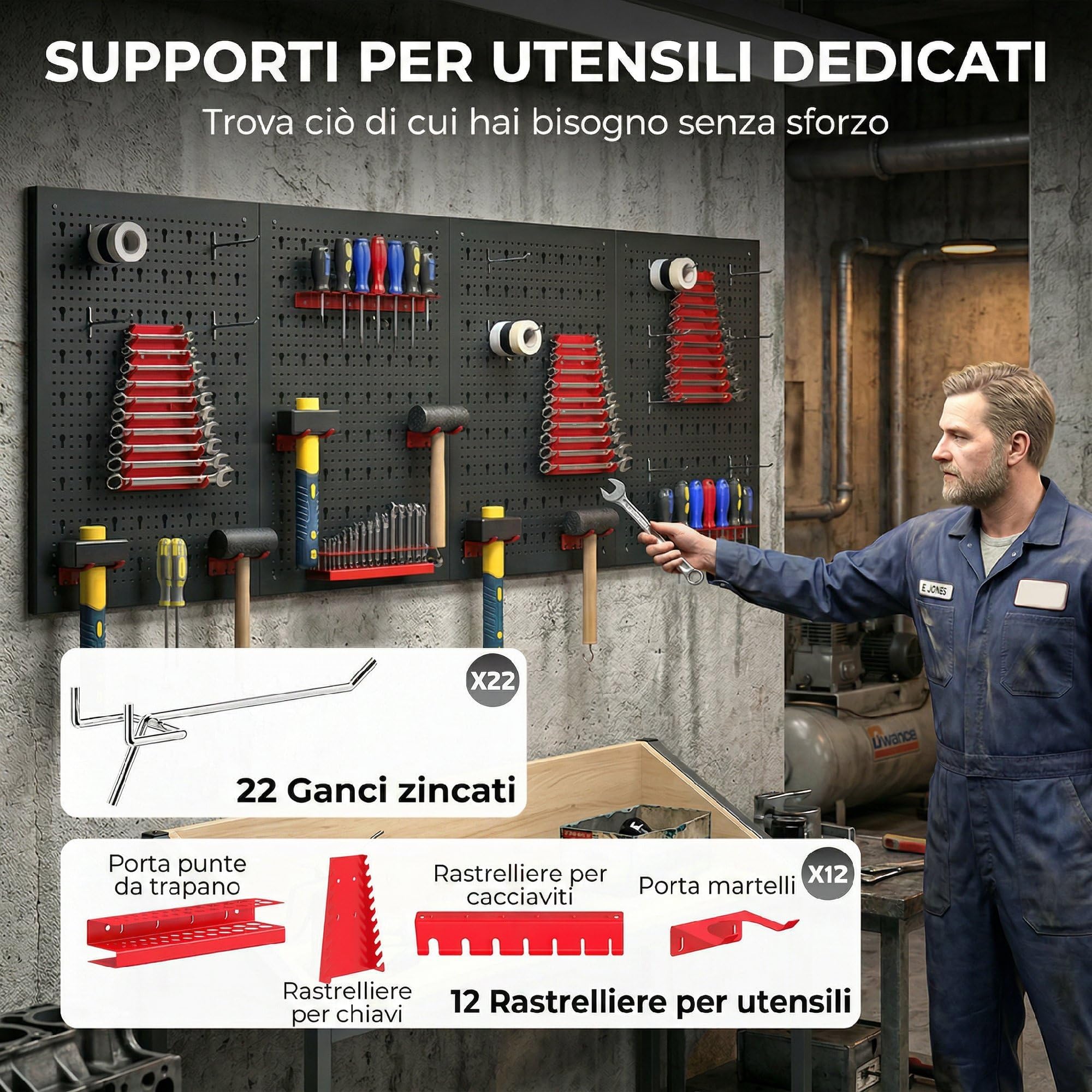 HOMCOM 4 Pannelli Porta Attrezzi da Parete in Acciaio 38pz, Parete Attrezzata Officina con 3 Supporti Chiavi Inglesi, Portapunte Trapano, 2 Supporti Cacciaviti, 6 Portamartelli, 22 Ganci, Nero e Rosso
