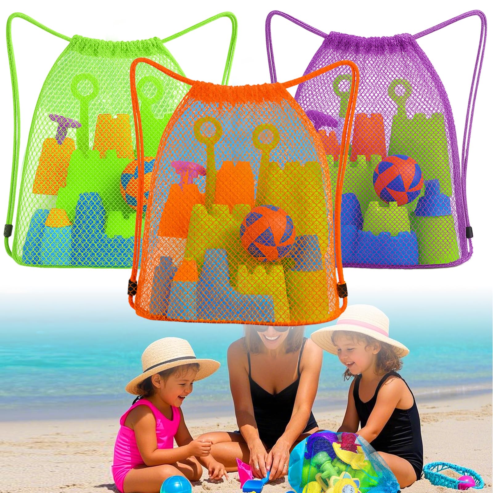 Palksky Beach Toys Bag, 3Pack Mesh Drawstring Sand Toy Bags, Backpack Shell Bags for Beach, Sandbox Toy Bag with Toddler Must Haves, Beach Vacation Essentials for Kids, Toy Not Included