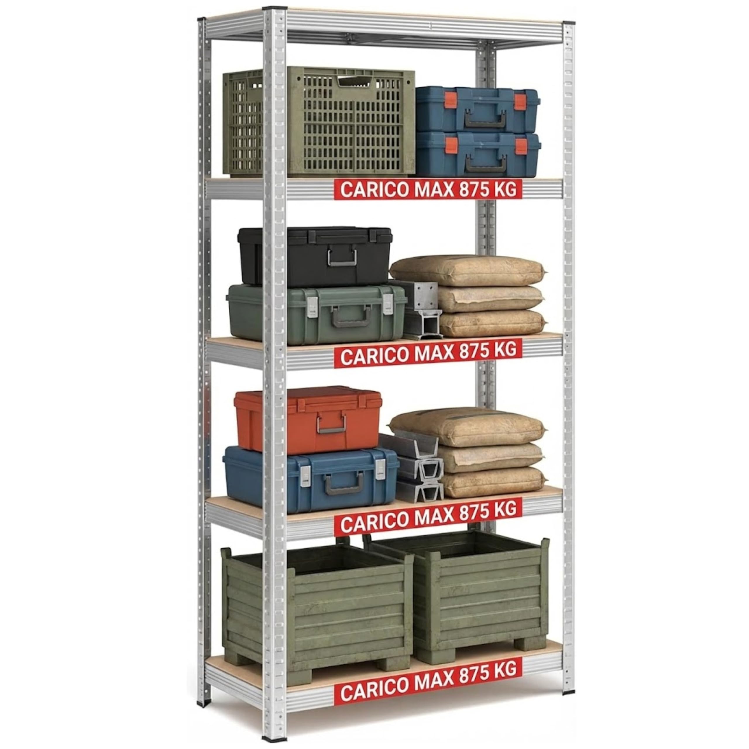 1 Scaffale Metallo Garage, Zincato 5 Ripiani in MDF – Portata Totale 875 kg – Montaggio Senza Viti o Bulloni - Scaffalatura Salvaspazio Robusta per Cantina, Cucina o Ufficio,180x90x40 cm
