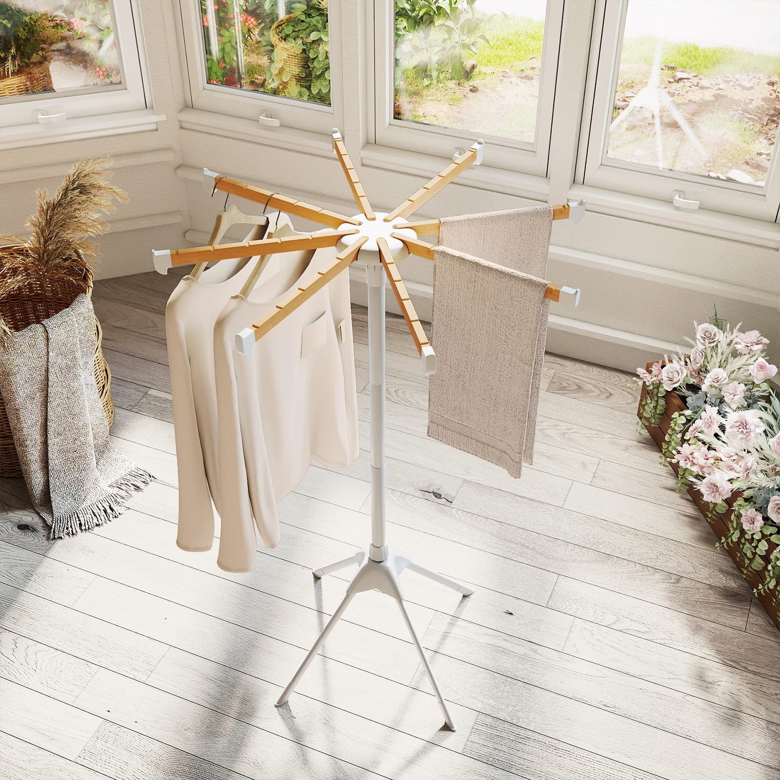 GOPLUS Tendedero Plegable, Tendedero con 8 Barras Extraíbles y 40 Ranuras para Colgar, Soporte para Secar Ropa con Patas Antideslizantes, Perchero de Pie que Ahorra Espacio