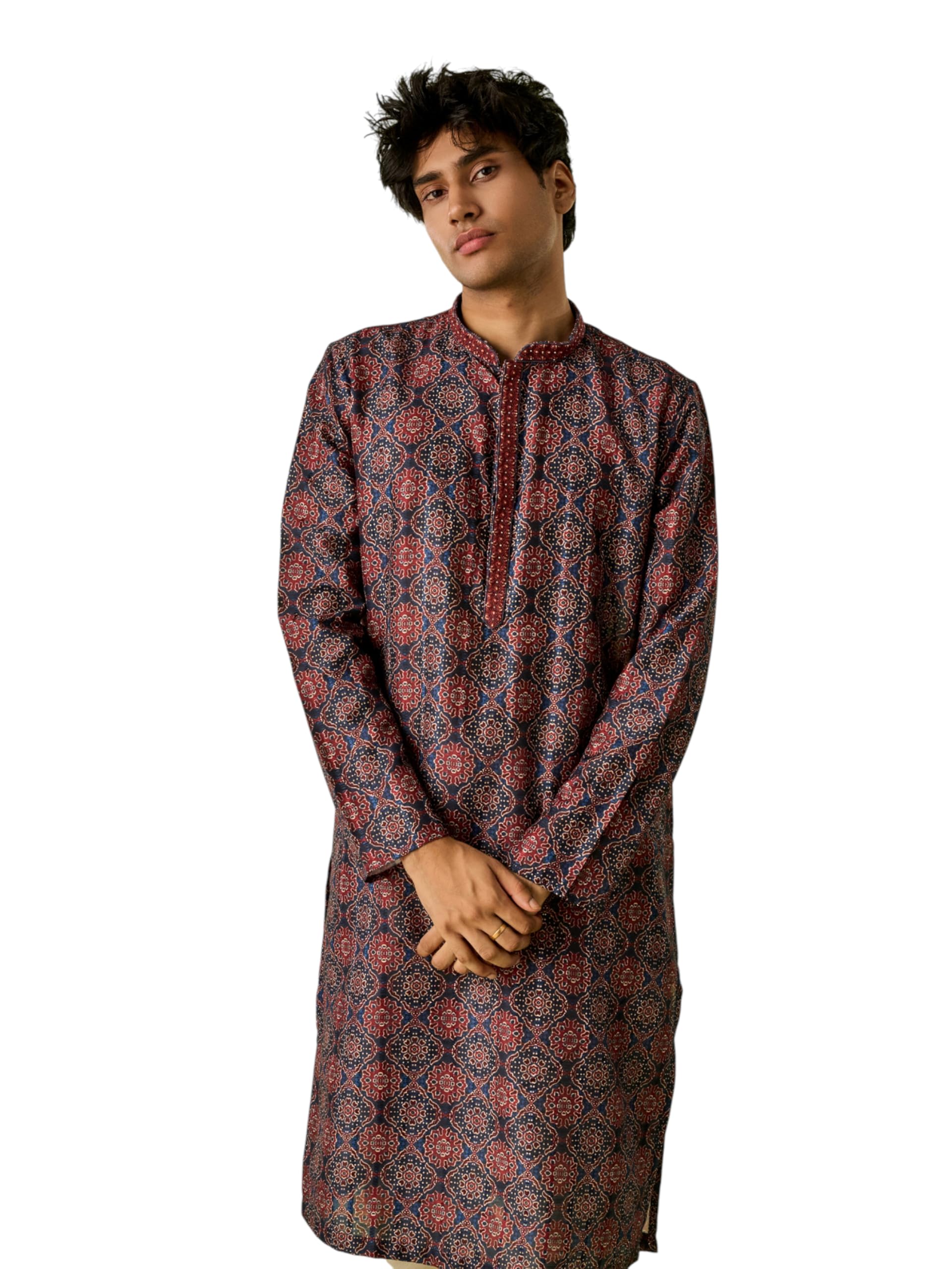diwas by manyavar DIWAS Men's Art Silk Digital Ajrakh Block Print Kurta (1pc)-picture-17