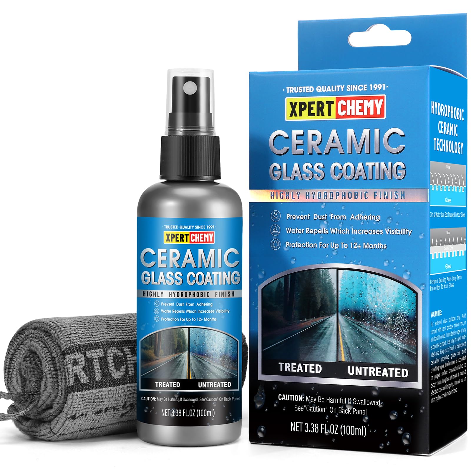 XPERTCHEMY Ceramic Rain Repellant Windshield, Glass Coating Spray, Hydrophobic Protective Formula, Advanced Rain Windshield Water Repellent for Cars, Mirrors and Other Glass Surfaces