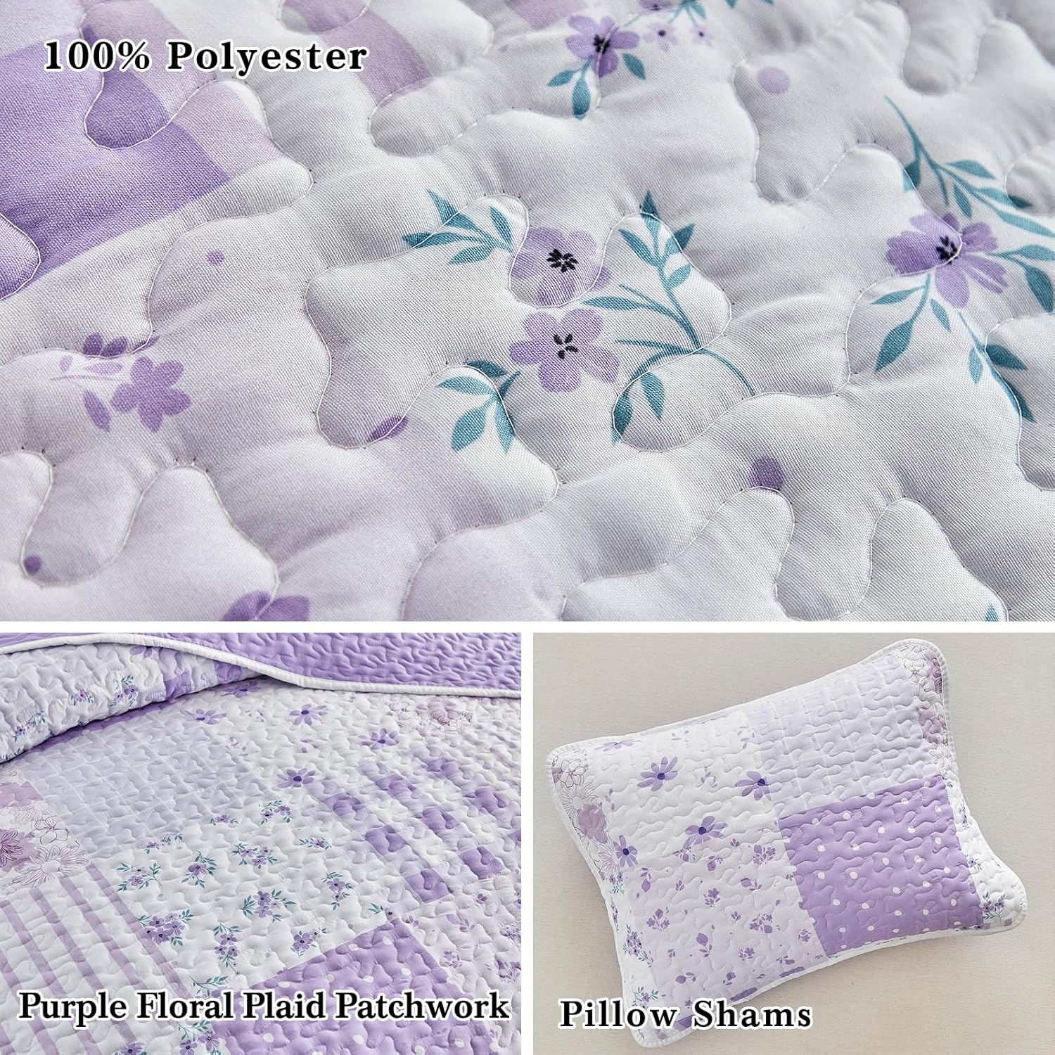 Flysheep Floral Patchwork Quilt Set Twin Size, 2 Pieces Purple Flower Plaid Bedspread Coverlet Set, Lightweight Soft Microfiber Bed Cover for Kids (68" x 86", 1 Quilt+ 1 Pillow Sham)