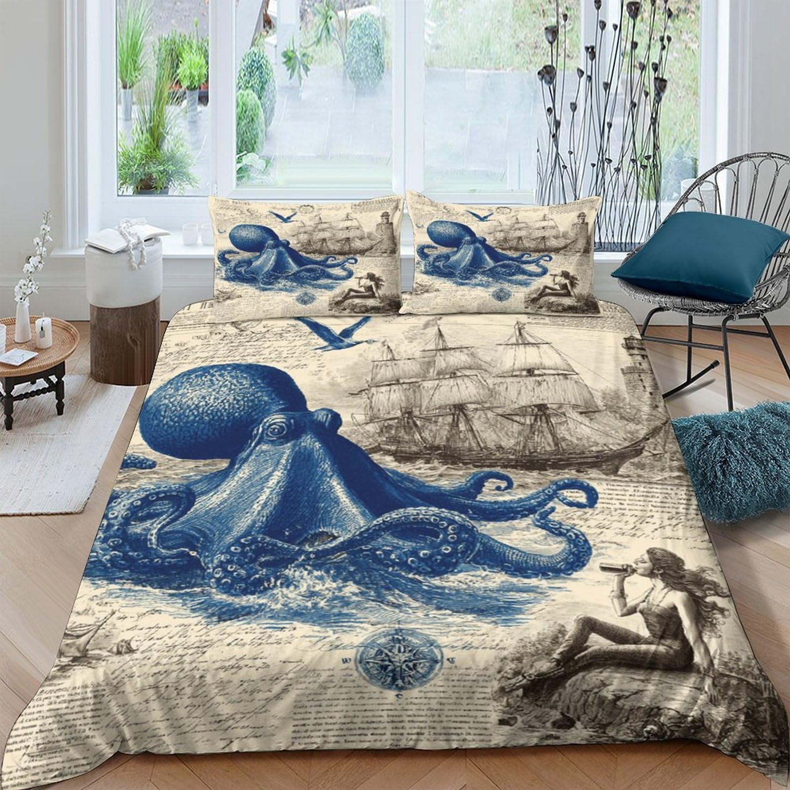 Ctjqhvkz Style-2 3D Printed Blue Octopus Fitted Sheet Microfiber Nautical Ship Bed Cover Anti-Slip Machine Washable For Bedroom Decor Single（135X200cm）