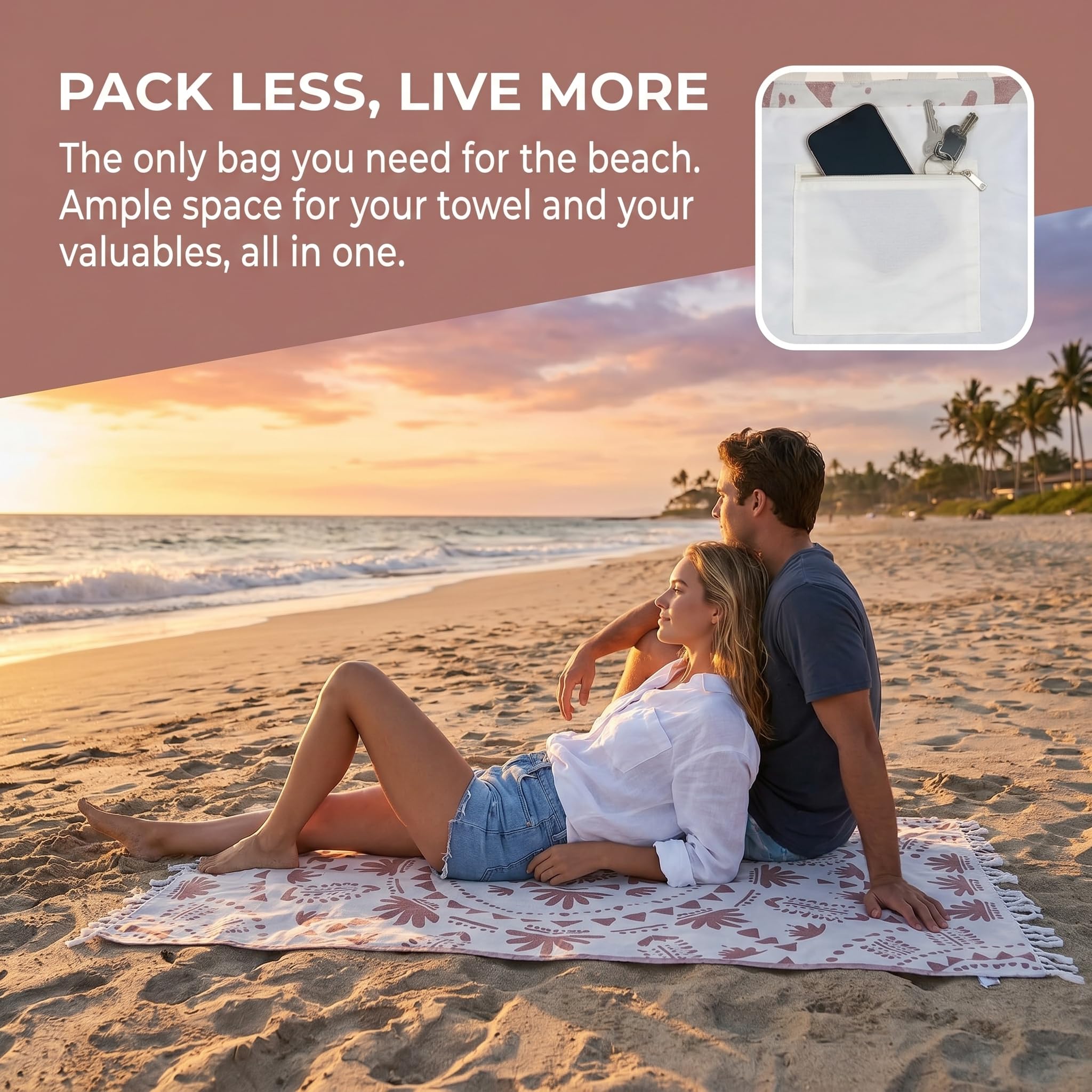 Bolsa de toalla 2 en 1 y mochila de playa convertible de microfibra sin arena gran tamaño con bolsillo interior con cremallera