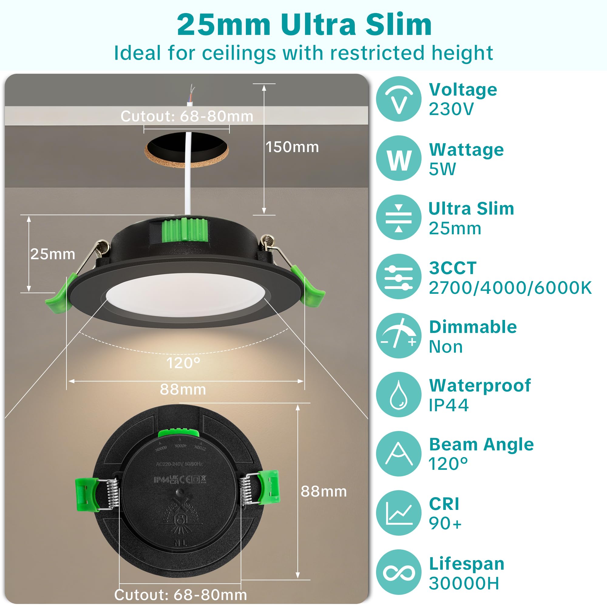 LED Einbaustrahler 230V Flach, 68-80mm Lochmaß 5W LED Spots, 2700K/4000K/6000K Einbauleuchten Einbauspots, IP44 Spots Deckenleuchte für Bad, Deckenspots Schwarz 10er Set (Nicht Dimmbar)