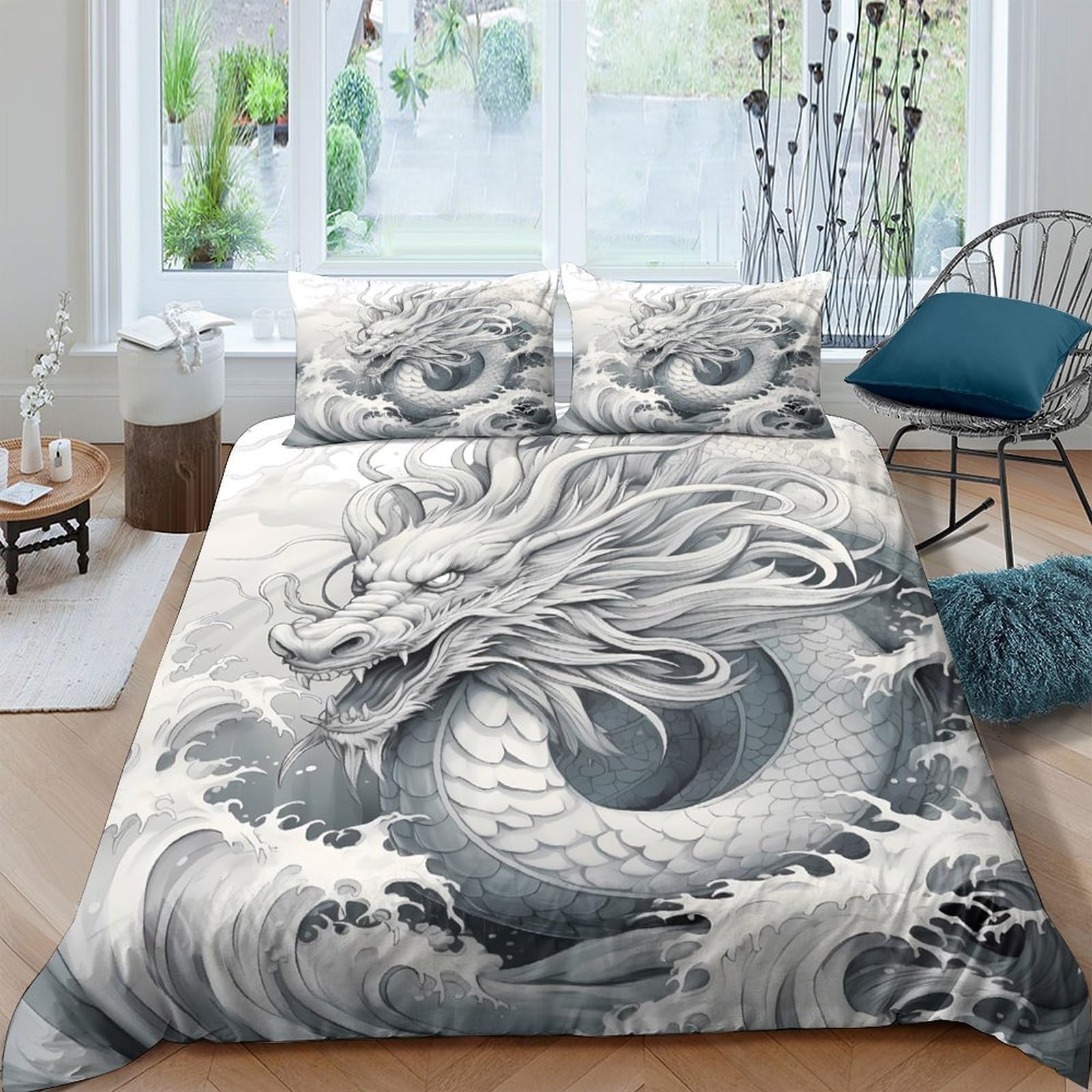Ctjqhvkz Style-8 3D Printed Chinese Dragon Fitted Sheet Microfiber Soft Grey Artistic Ocean Bed Cover For Bedroom Guest Room Decor Single（135X200cm）