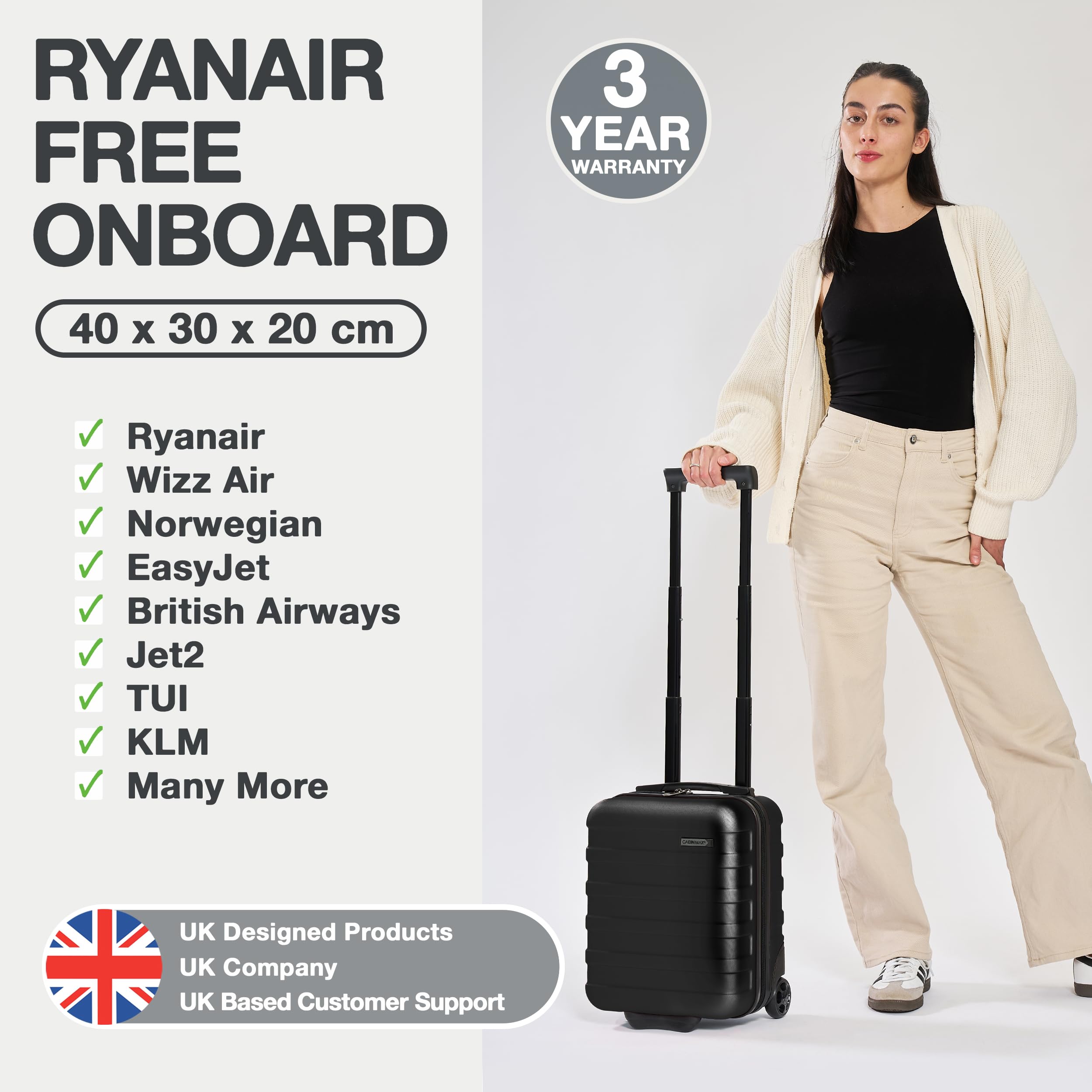 Cabin Max Anode 24L 40x30x20cm Maleta de Mano para Debajo del Asiento Wizz Air, Easyjet - Maletín con Ruedas (24 L, 40 x 30 x 20 cm), Negro