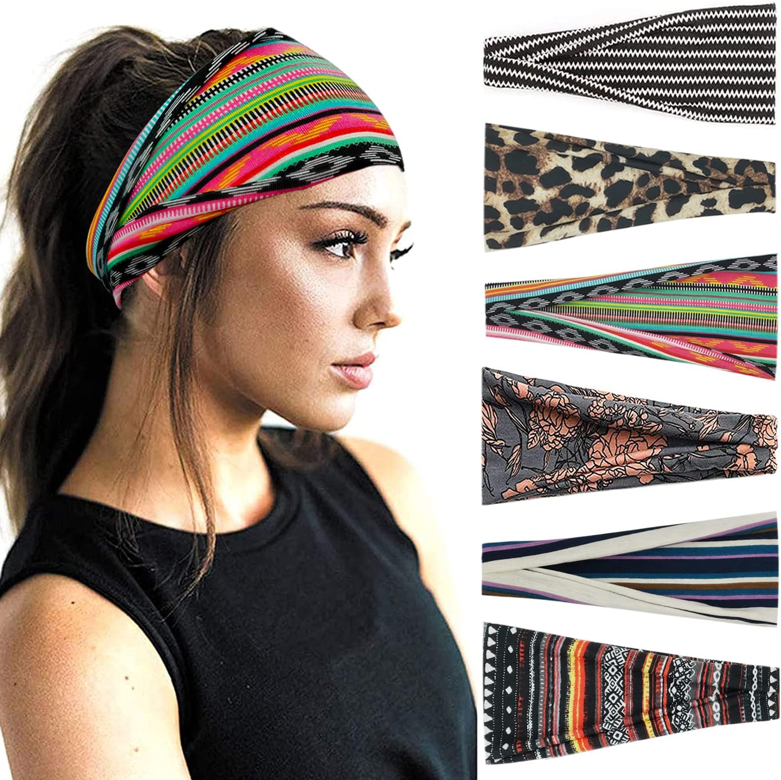 YONUFBoho Headbands For Women Fashion Wide Headband Yoga Workout Head Bands Hair Accessories Band 6 Pack