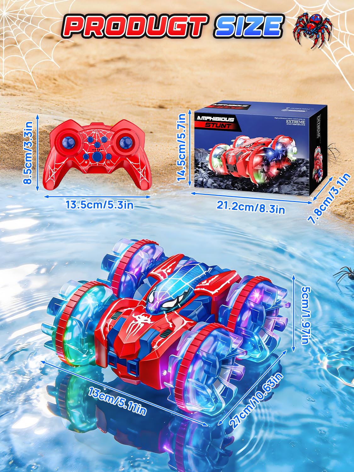 Spider Amphibienfahrzeug Ferngesteuertes Auto, 2.4GHz Doppelseitig RC Auto Car Spielzeug ab 3 4 5 6 7 8+ Jahre Junge, Pool Outdoor Monstertruck mit 360°Drehung & LED Licht, Kinder Geburtstag Geschenke