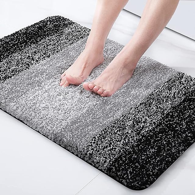 smiry Microfiber Bath Mat, 40 x 60 cm, Non-Slip Super Absorbent Bathroom Mat, Machine Washable Fluffy Shaggy Bath Mats Rugs for Bathroom, Extra Soft Thick Bathroom Floor Foot Mat, Black
