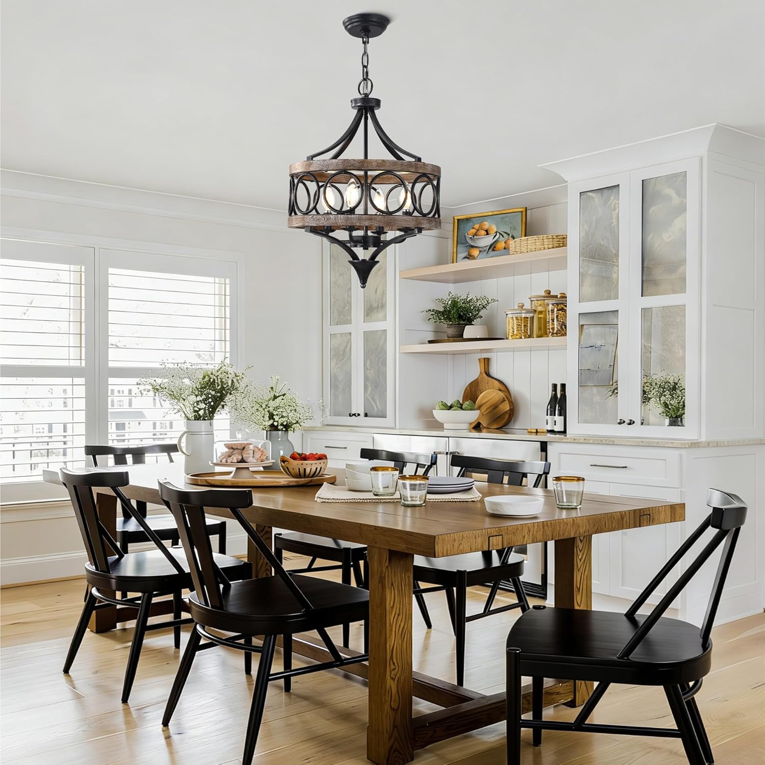 15.7" Farmhouse Chandeliers for Dining Room 4-Light Raindrop Solid Wood Antique Pendant Chandelier French Country Light Fixture for Living Room Bedroom Foyer Kitchen Island Entryway