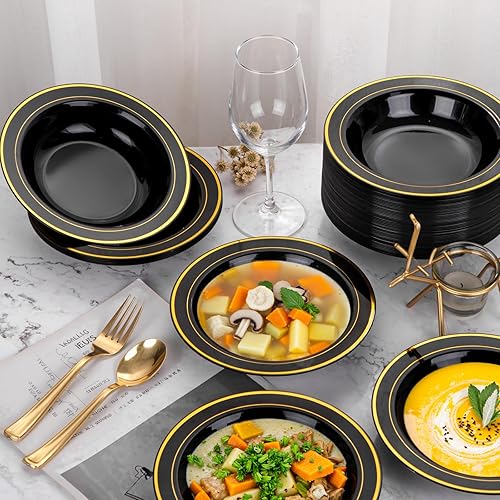Miniatura 6 de bUCLA Paquete de 60 cuencos de plástico negros con borde dorado, cuencos de plástico de 12 onzas desechables para bodas, fiestas, reuniones y Año