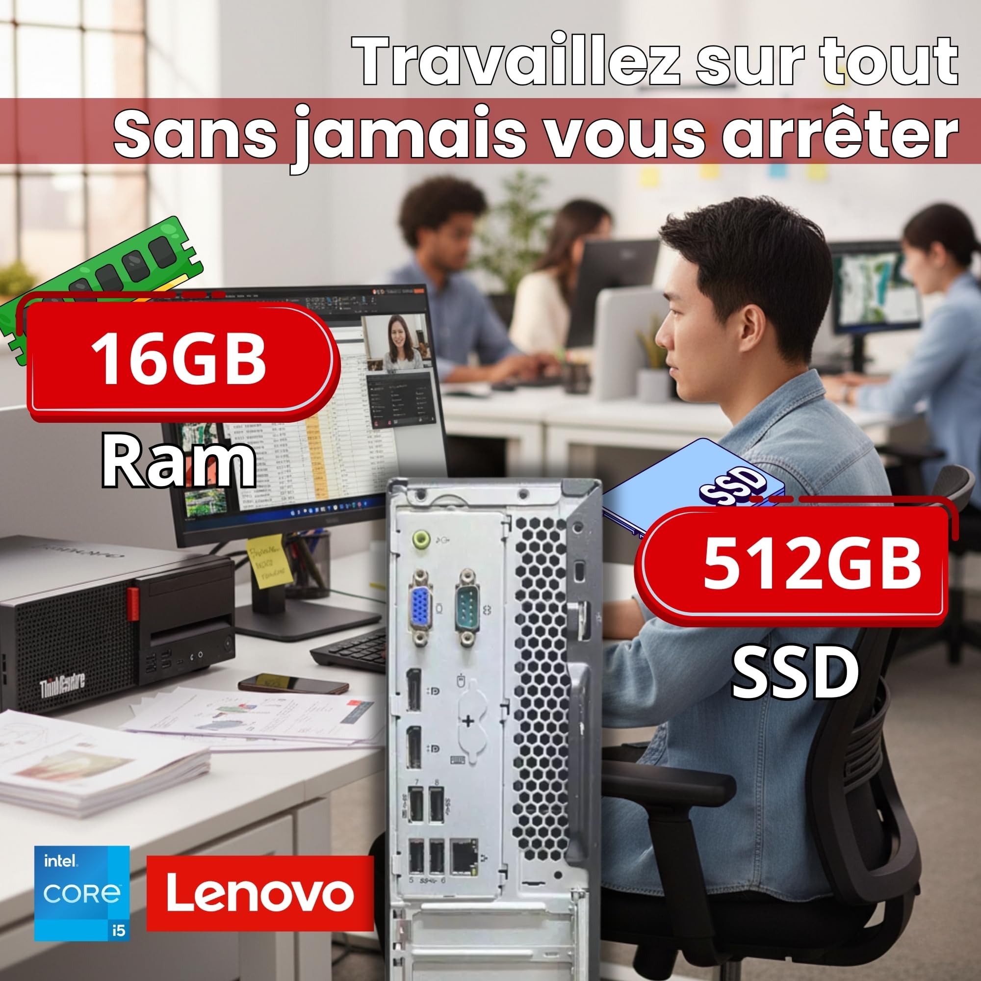 Lenovo complète avec processeur Intel Core i5-8400 jusqu'à 4,60 GHz, 16 Go de RAM, SSD de 512 Go, écran ThinkVision Full HD 27 Win 11 Office 2021, reconditionnée et Wi-FI Multifonction.