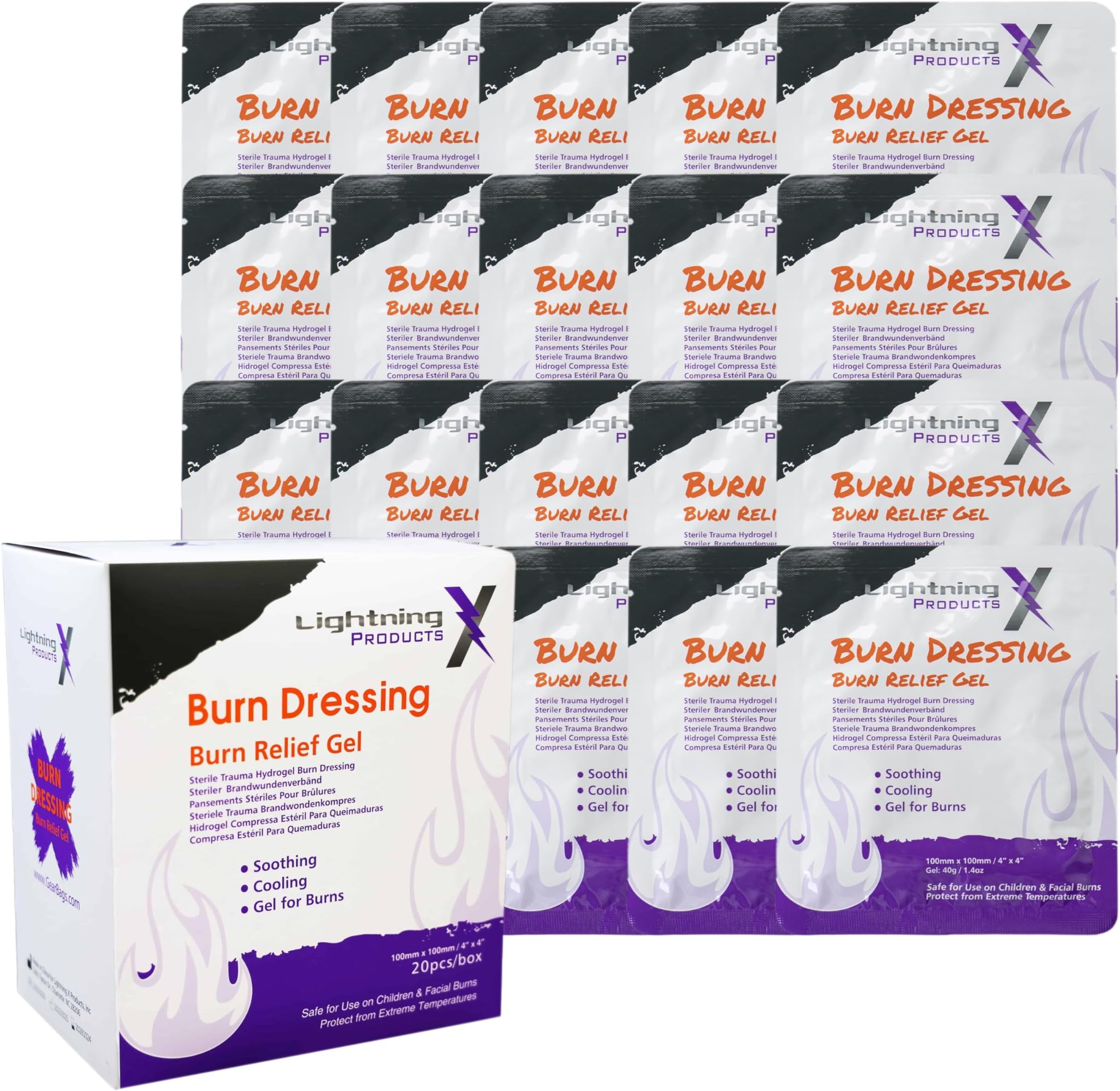 Cooling Burn Relief Gel, 4x4 Inch Trauma Burn Dressing - Box of 20 Pieces