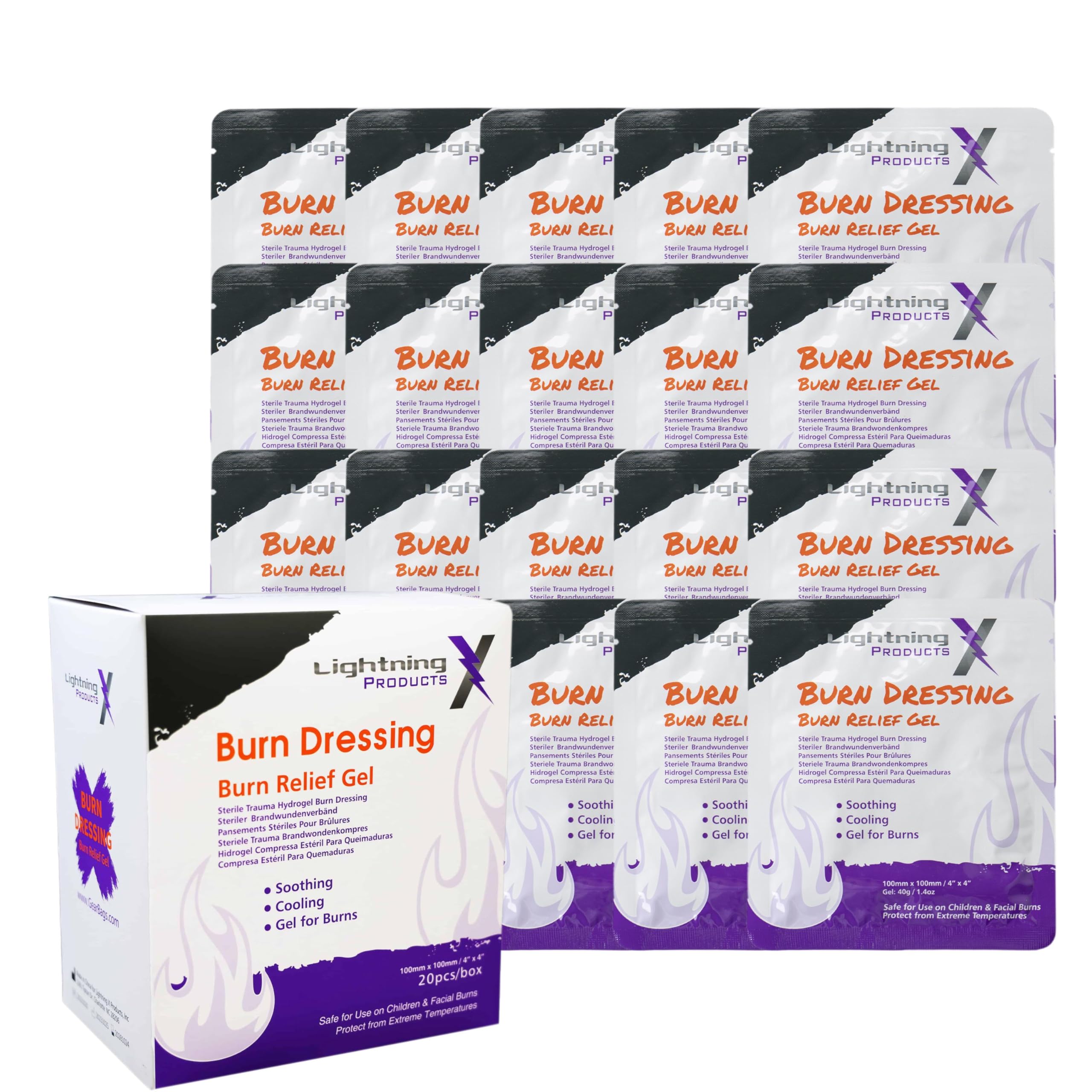 Lightning X Products Cooling Burn Relief Gel, 4x4 Inch Trauma Burn Dressing - Box of 20 Pieces
