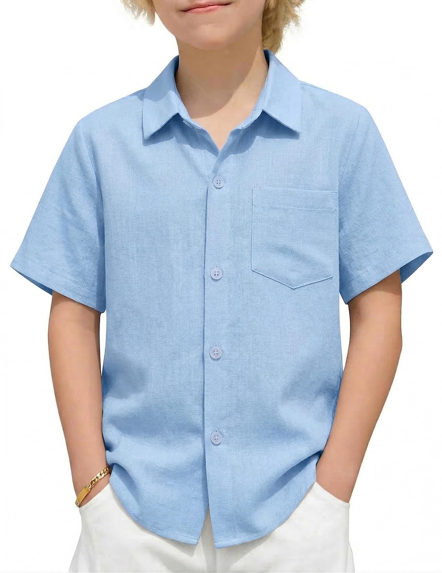 Arshiner Camicia Ragazzi in Lino Estivo Bambini Manica Corta Camicia Tempo Libero Comfort Bottoni Camicia per Ragazzi 5-13 Anni