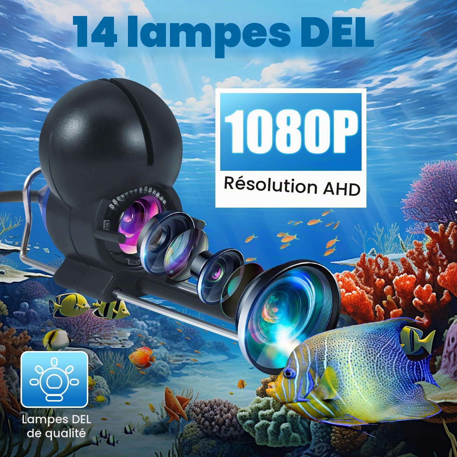 Sondeur, caméra sous-Marine de pêche, Vision Nocturne Infrarouge Grand Angle,Caméra sous-Marine sondeur avec caméra HD 220° et câble de 30m pour Toutes Les eaux