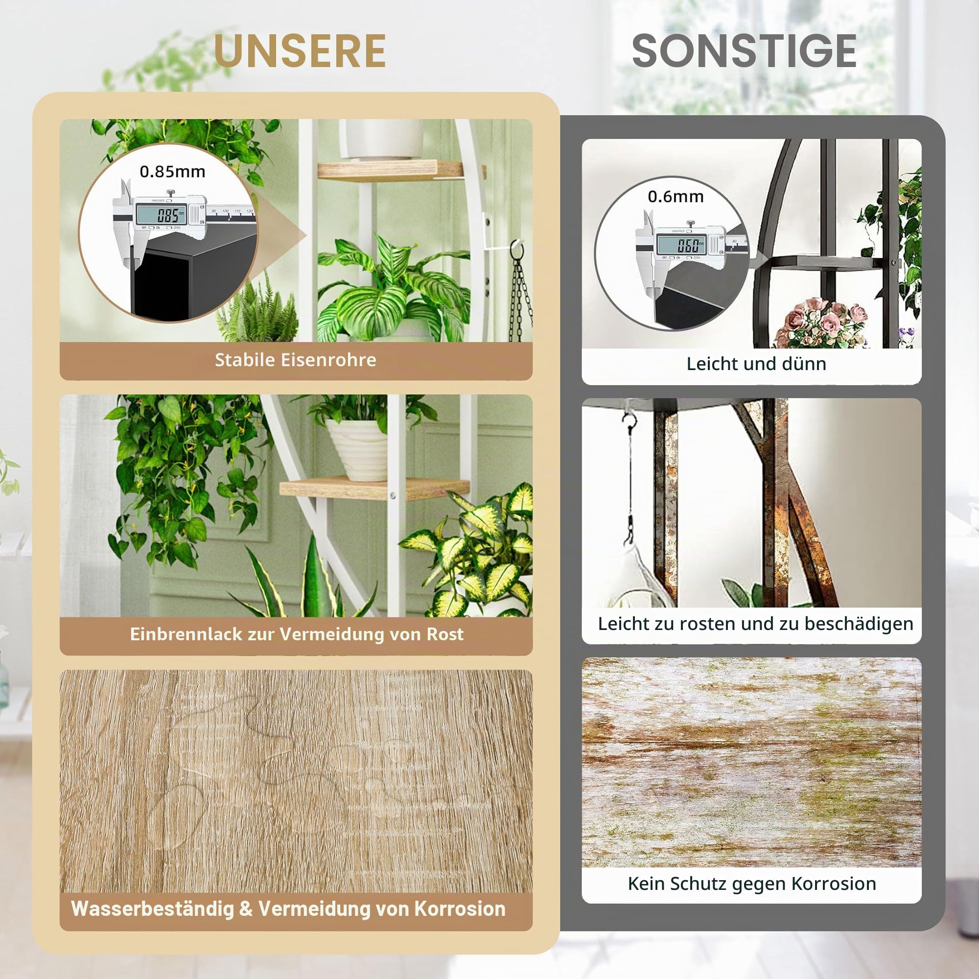 BACEKOLL 6 Ebenen Blumenständer mit Wachstumslichtern - Metall Holz Pflanzenregal - 160CM Innen Blumentreppe - Dekoratives Schwarz Blumenregal für Innen Fensterbank Wohnzimmer 2 STÜCK Weiß