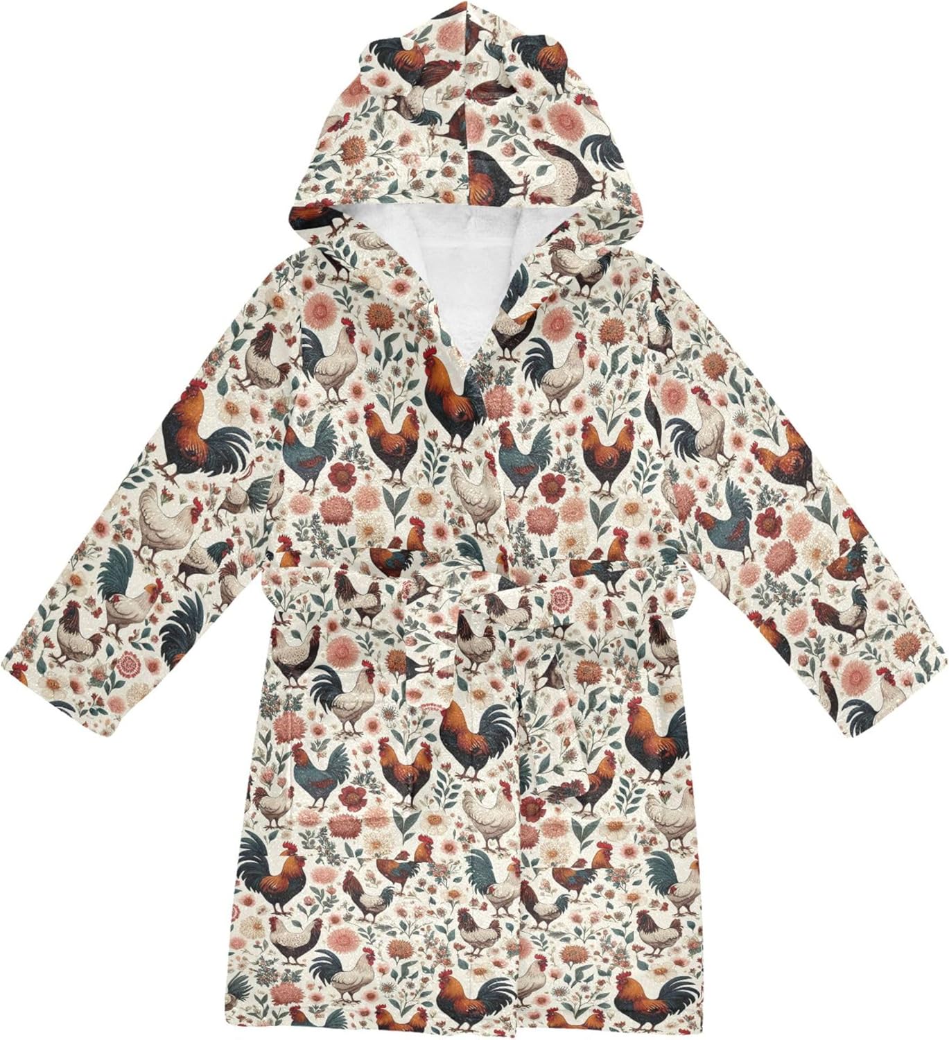 Chickens Hens Roosters Flowers Bathrobe Hooded PJ Robe Plush Fleece Robe Pajama Sleepwear 2-12 Years