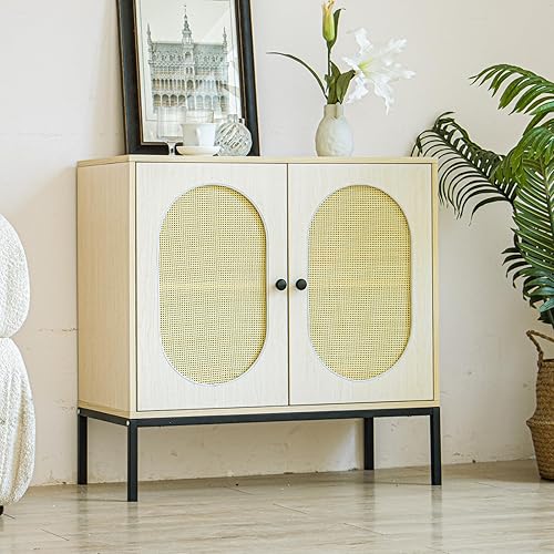 Dolonm Armario de almacenamiento, aparador de madera con puertas ovaladas de ratán, armario de licor de bar, organizador de piso decorativo para