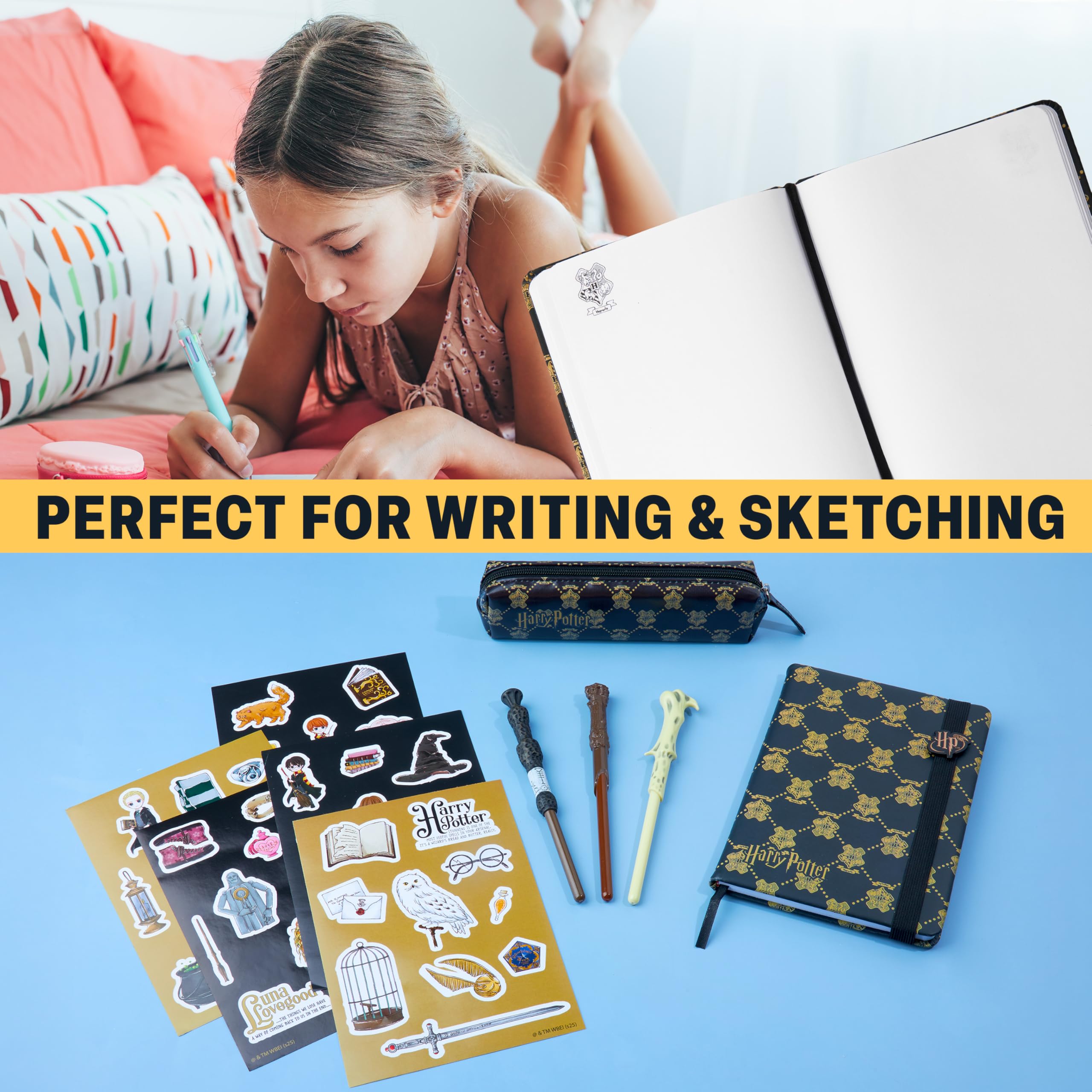 Get Trend Harry Potter Gifts Stationary Set with Cute Notebook Ball Point Wand Pens Pencil Case Stickers Cute Stuff Hogwarts Journal Accessories (Black Harry Potter)