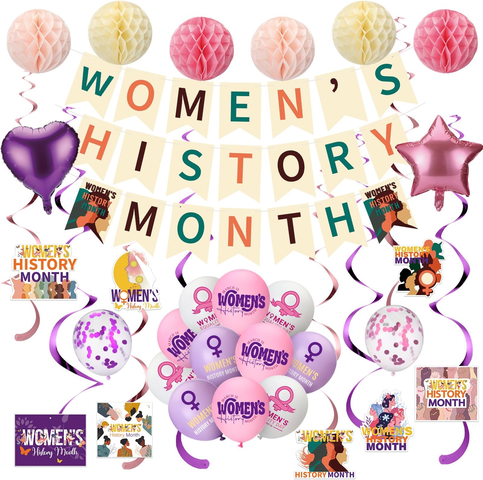 Ceenna 71 Pcs Women's History Month Decorations Include Happy Women's History Month Banner Pink Purple White Balloons Honeycomb Sets for March Party Decor