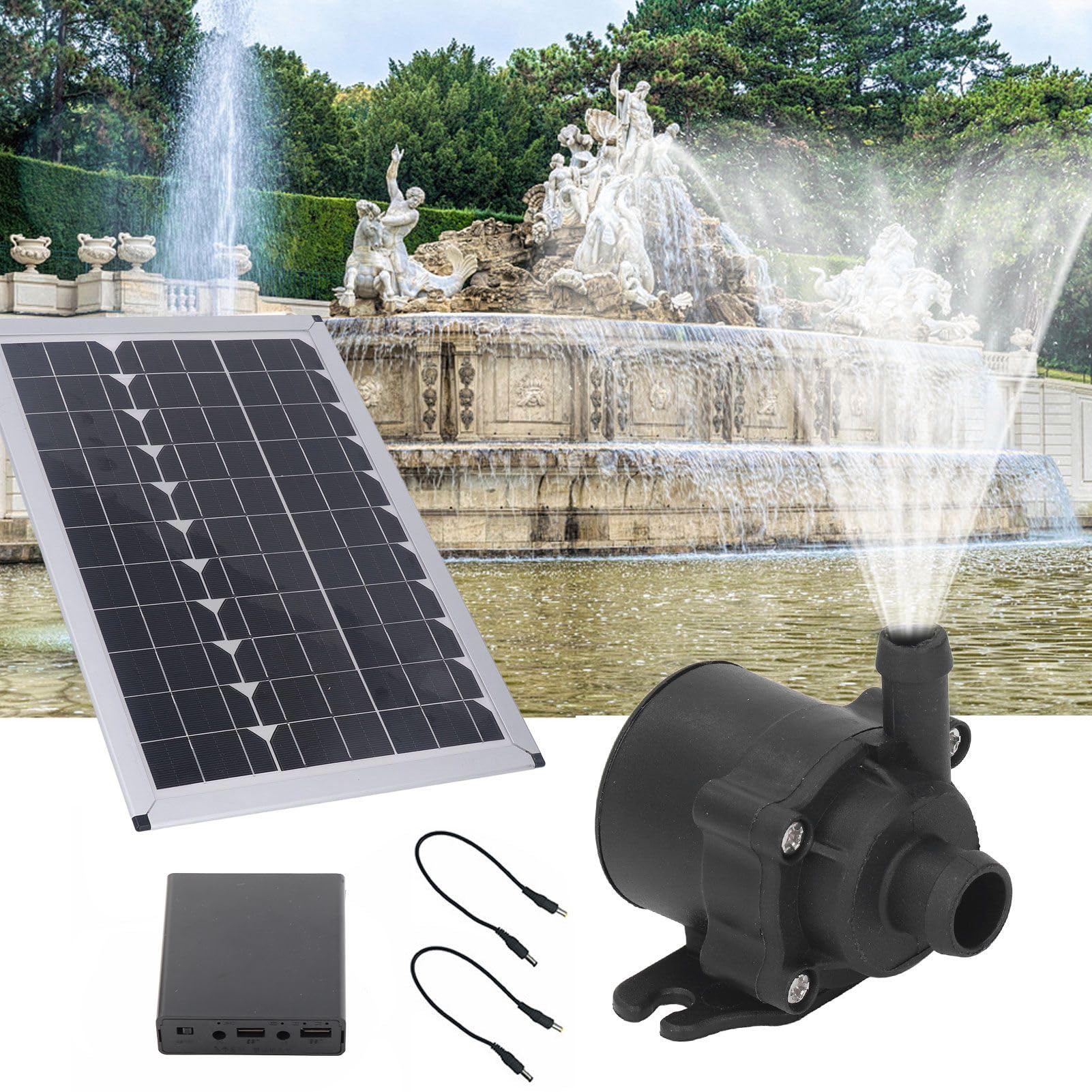 Bomba de fuente con energía solar, bomba de agua solar para paisaje de 20 W, bomba sumergible solar de bajo ruido, bomba de elevación de descarga de 5 m para jardín al