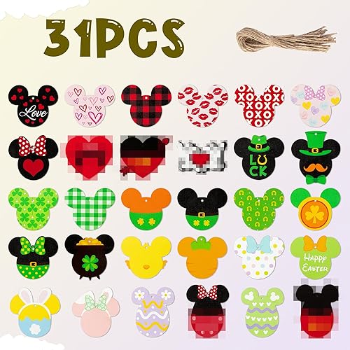 Miniatura 3 de 31 adornos colgantes de madera de ratón de San Patricio, Día de San Valentín, para árbol, rebanadas de madera de ratón de Pascua con cuerdas,