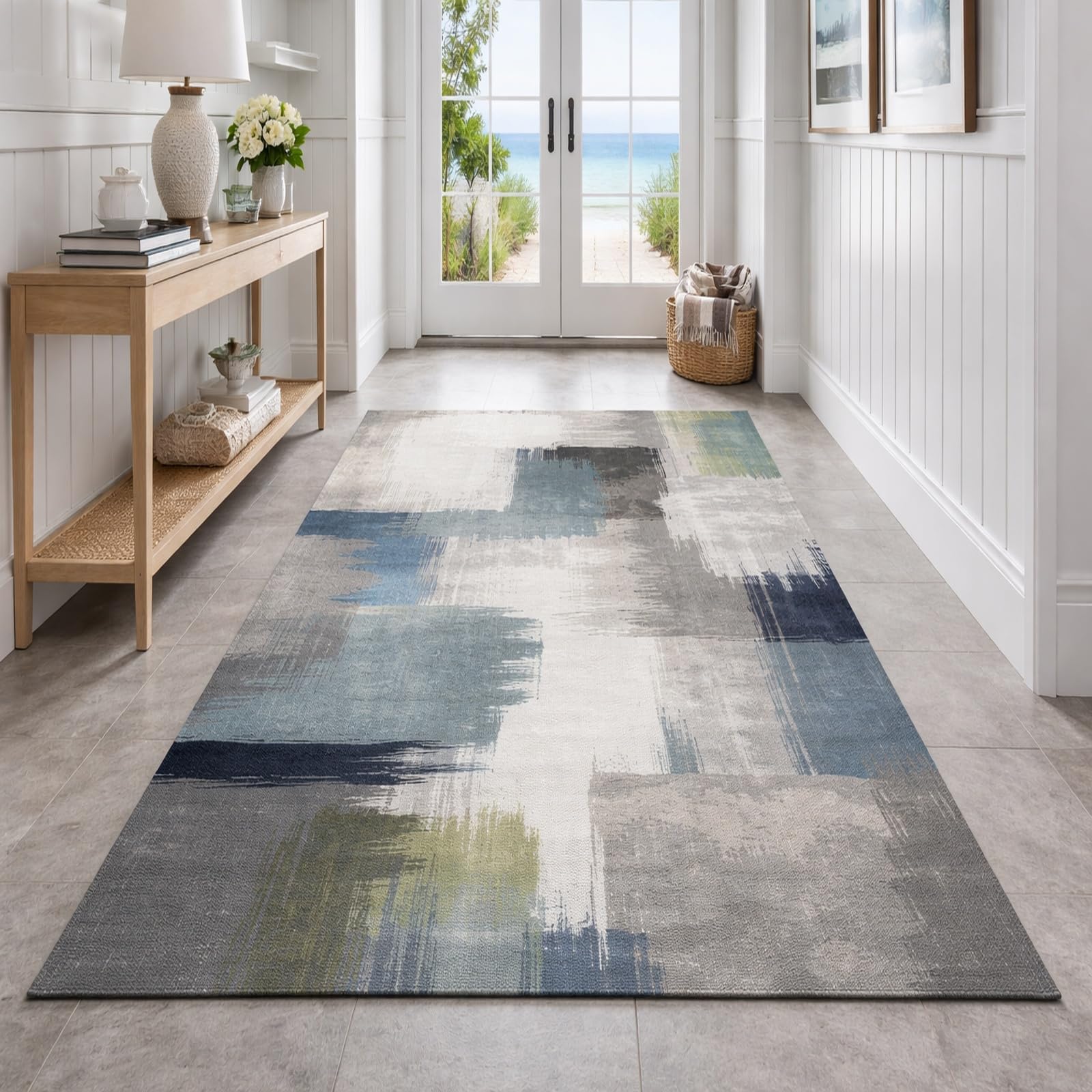 Tapis de décoration poils ras facile à nettoyer bleu et vert 120x200 cm