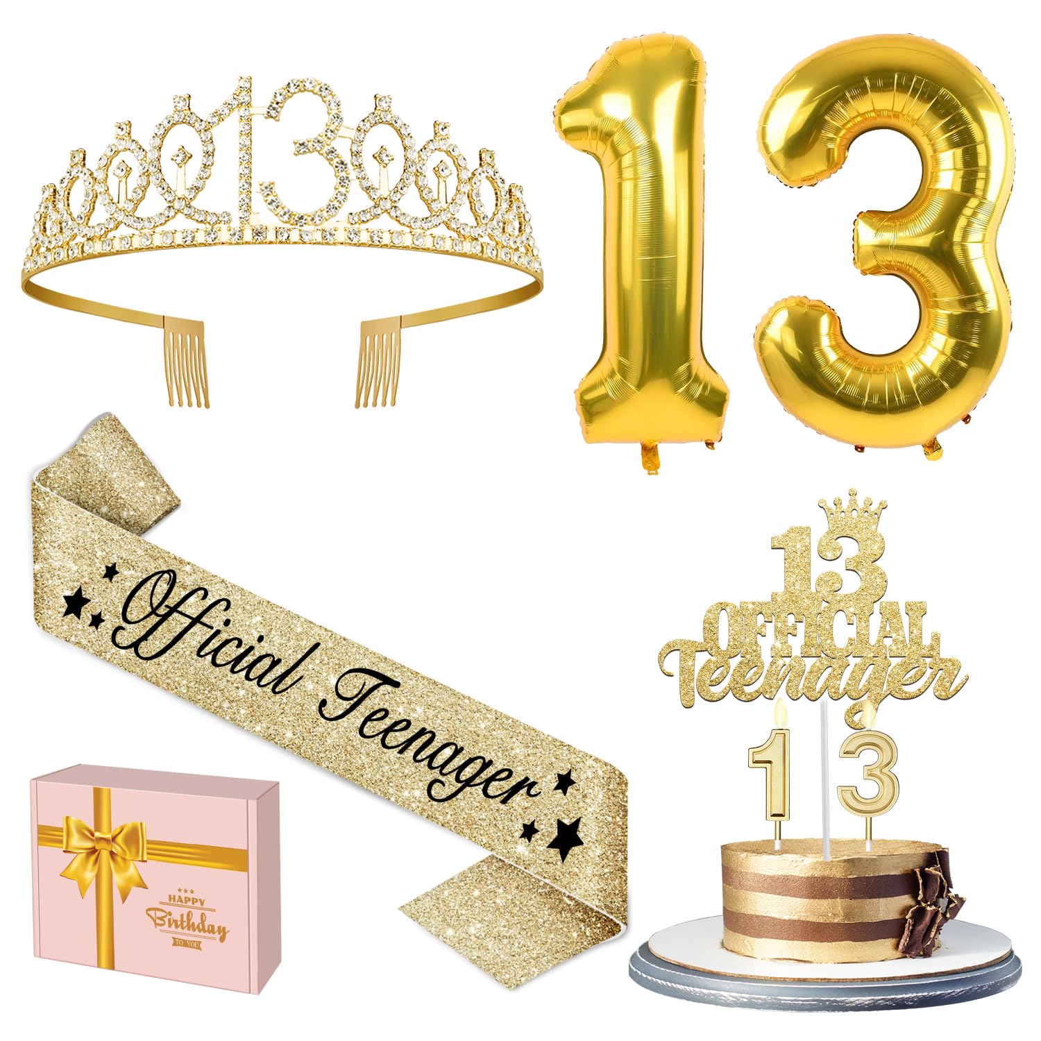 13th Birthday Decorations for Girls with 13th Birthday Crown, Official Teenager Sash, Candles and Cake Topper, Number Balloons, Teen Girl Gifts for 13 Year Old Girls