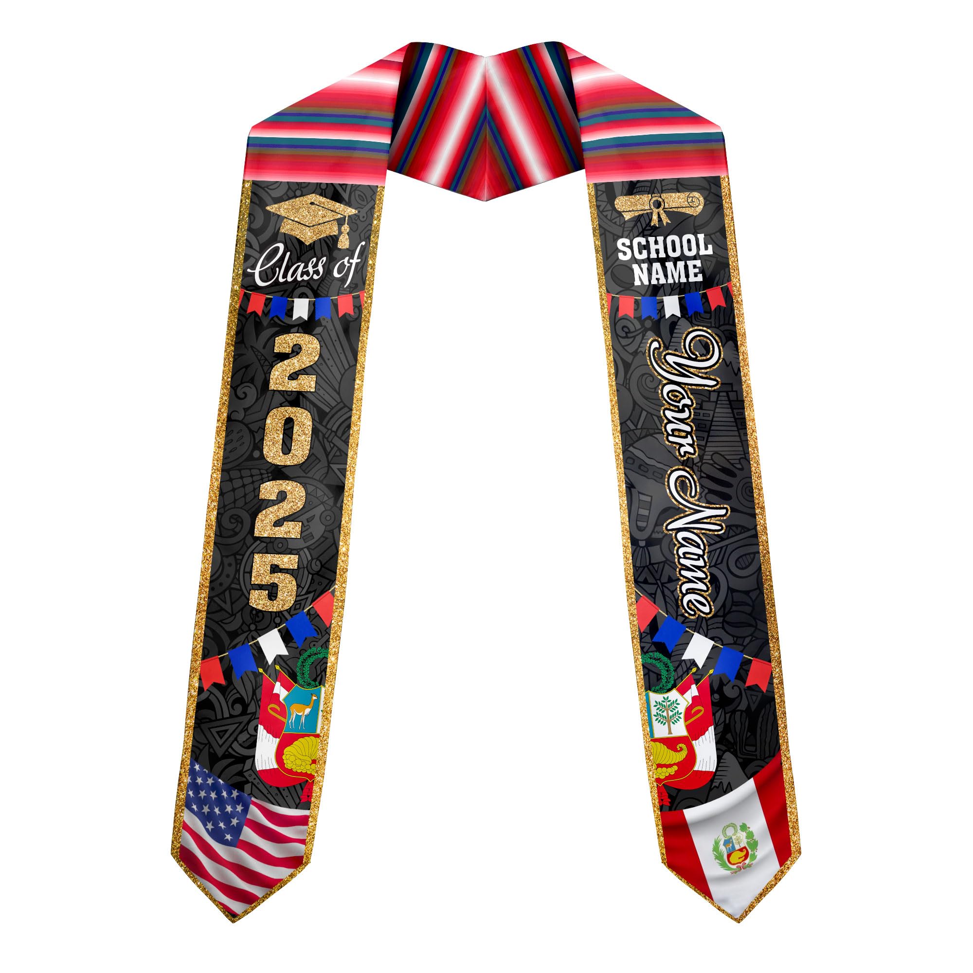 MonkeyVan Personalized Peruvian Graduation Sash, Custom Peruvians American Flag Graduation Stole 2025, Peru Graduation Stole S378
