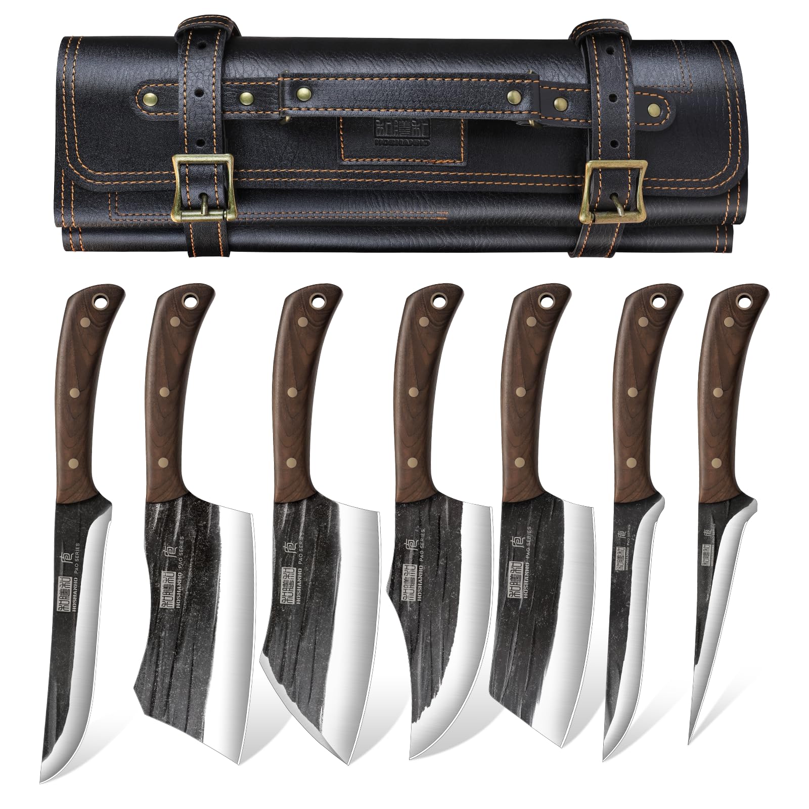 Butcher Knife Set, Hand Forged Butcher Chef Knife Set with Roll Bag, Sharp Kitchen Knife Set of Meat Cleaver Knife Bone Chopper Knife Fillet Knife Set for Home & Camping & BBQ Gift for Men