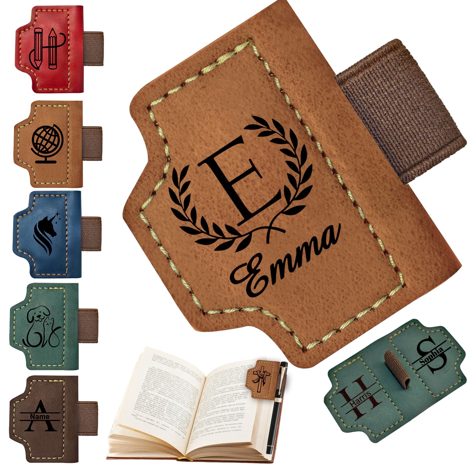 Custom Bookmark with Pen Holder Personalized PU Leather Bookmark Engraved Name Customized Magnetic Bookmarks for Reading Lover Men Women - Brown