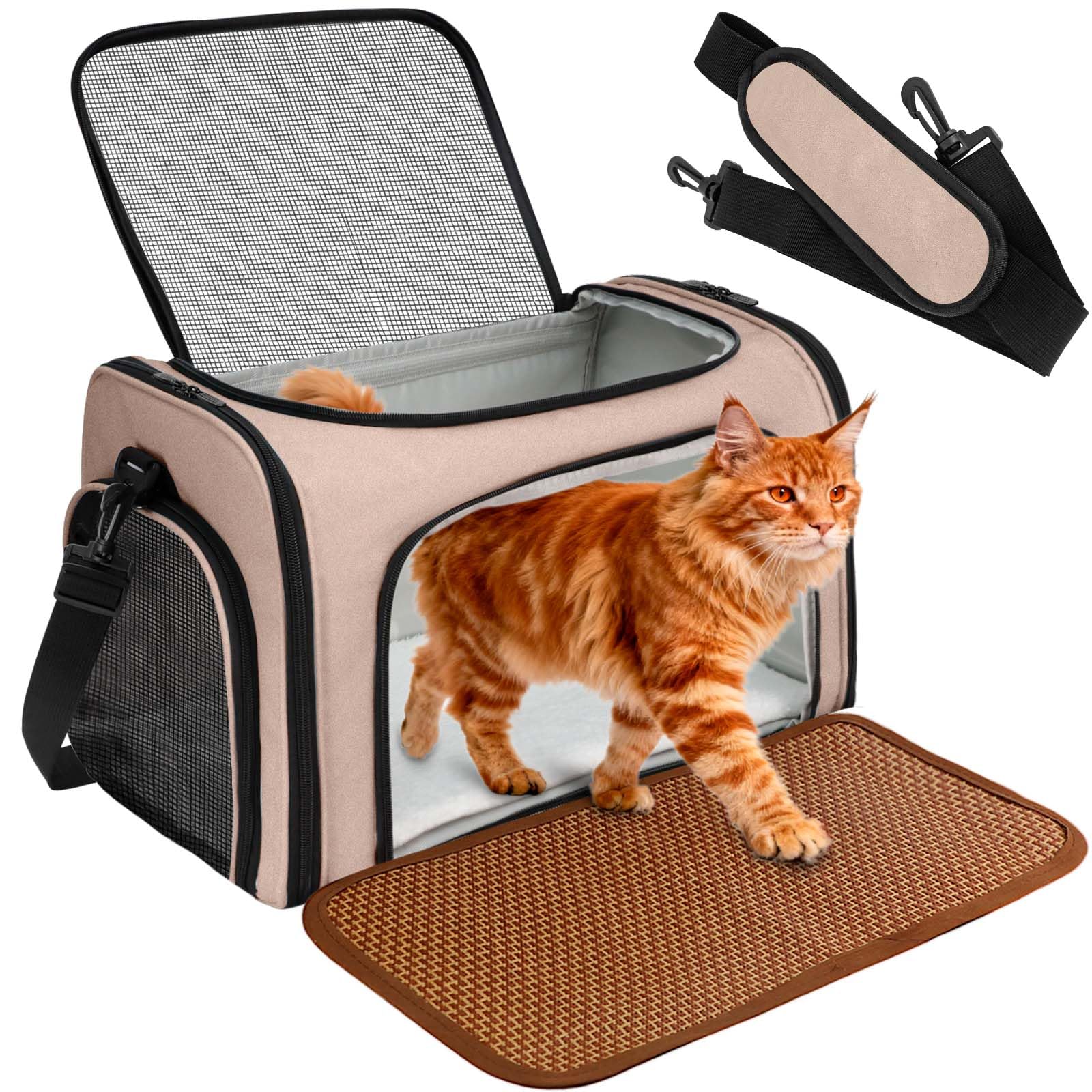 Katzentransportbox, Faltbare Transportbox Katzen und Hunde mit Plüsch-Einlage und Kühlmatte aus Strohgeflecht – für alle Jahreszeiten geeignet, Ideal für Der Gang zum Tierarzt Auto Fugzeug